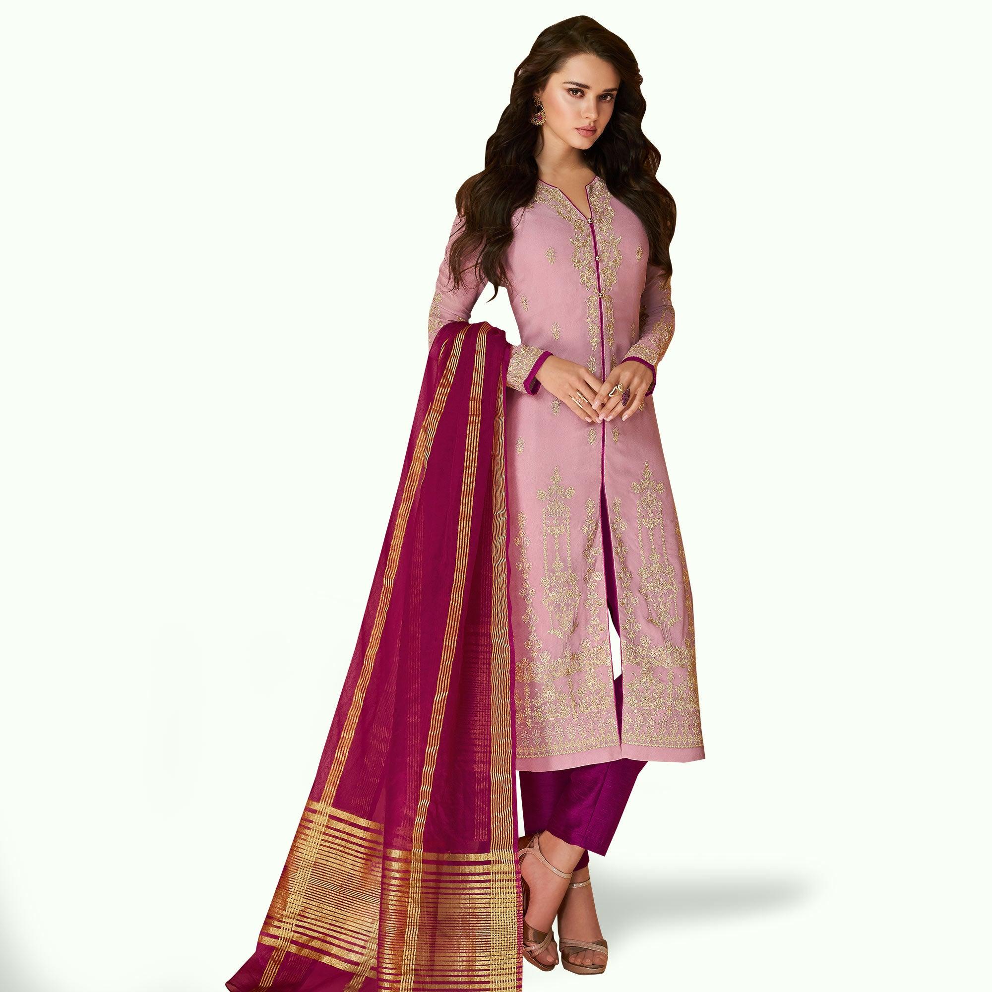 Groovy Pink Colored Partywear Embroidered Georgette Suit - Peachmode