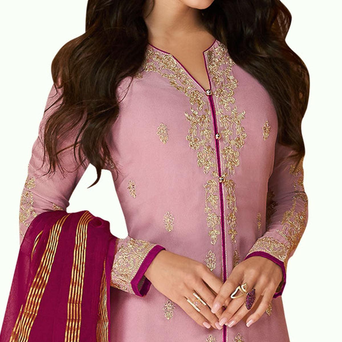 Groovy Pink Colored Partywear Embroidered Georgette Suit - Peachmode