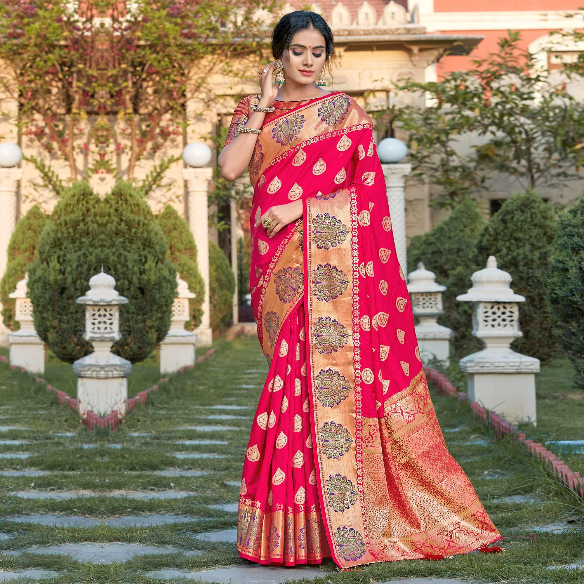 Groovy Pink Coloured Partywear Woven Silk Saree - Peachmode