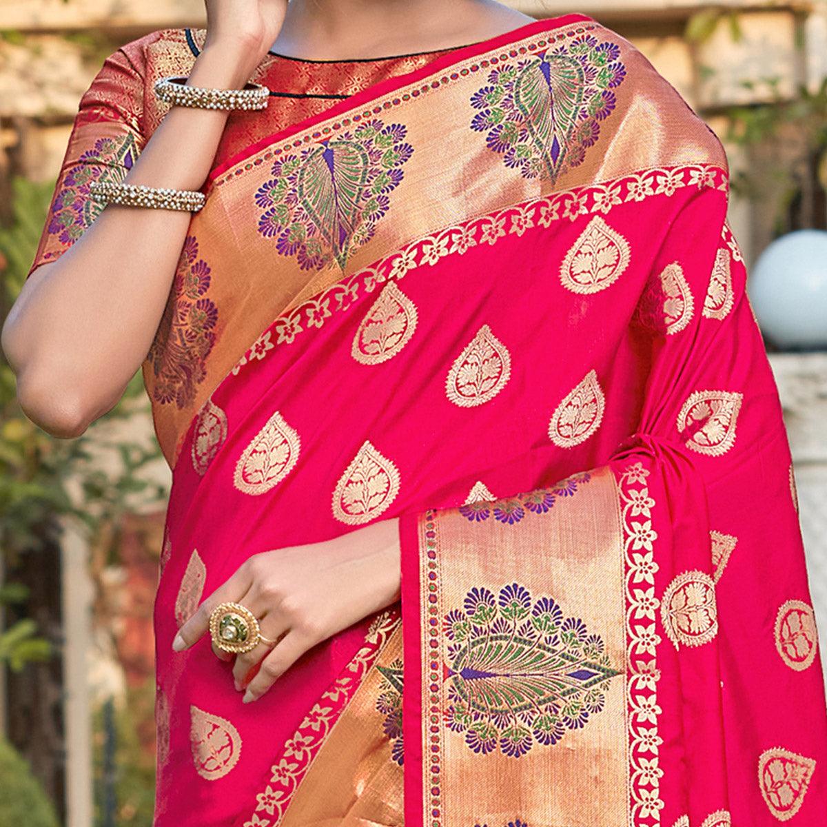 Groovy Pink Coloured Partywear Woven Silk Saree - Peachmode
