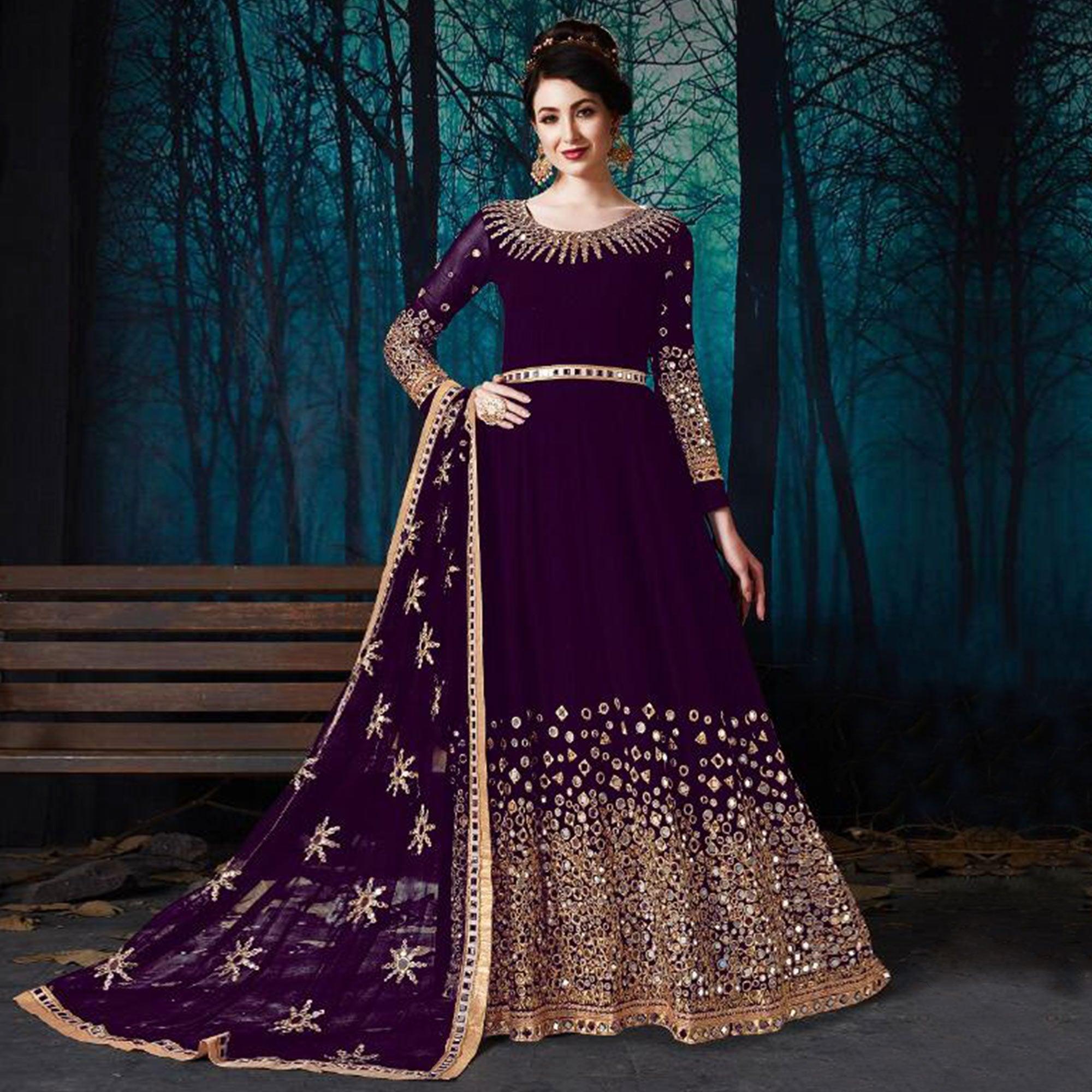 Groovy Purple Colored Partywear Embroidered Georgette Anarkali Suit - Peachmode