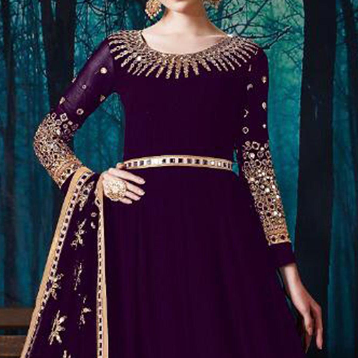 Groovy Purple Colored Partywear Embroidered Georgette Anarkali Suit - Peachmode