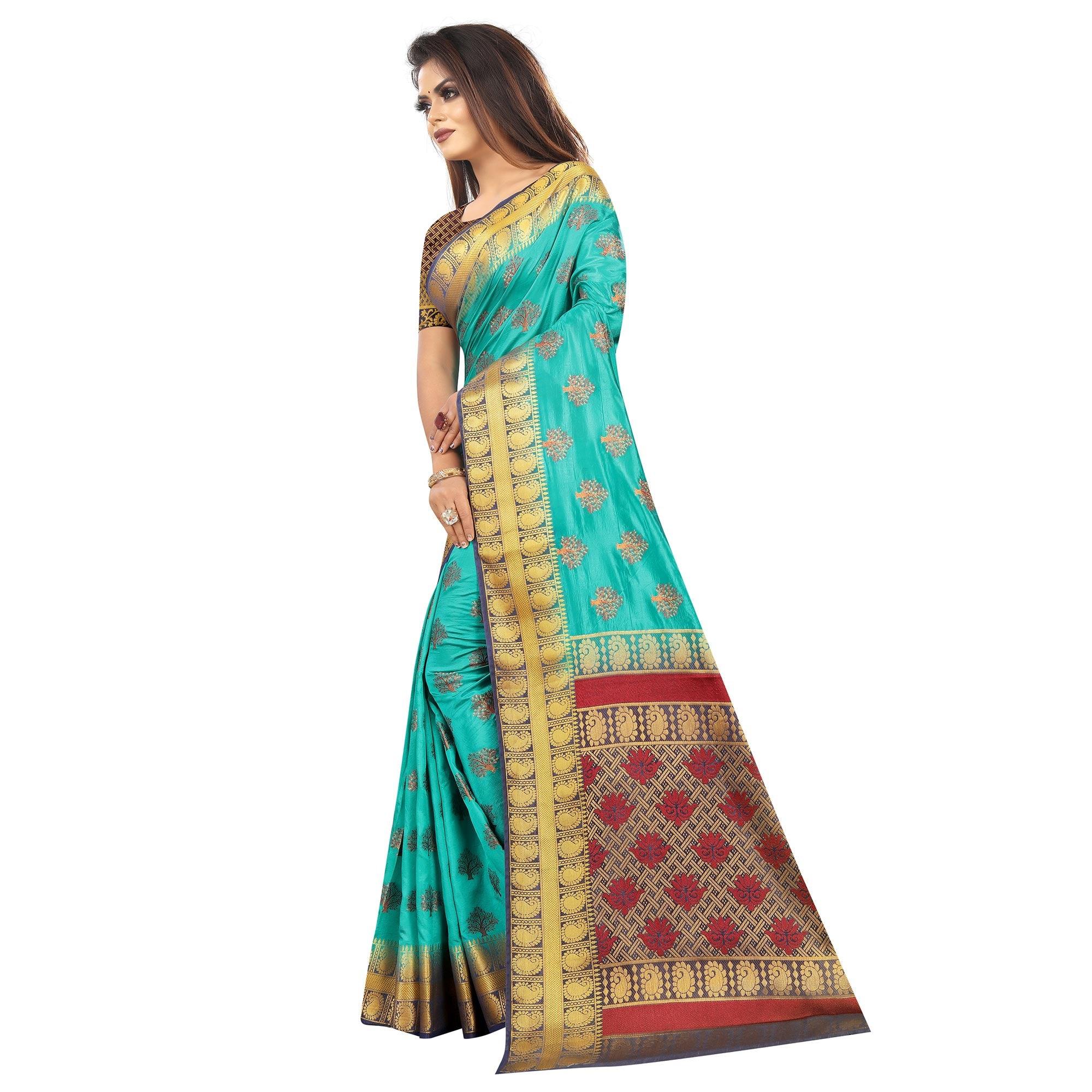 Groovy Rama Colored Festive Wear Woven Art Silk Saree - Peachmode