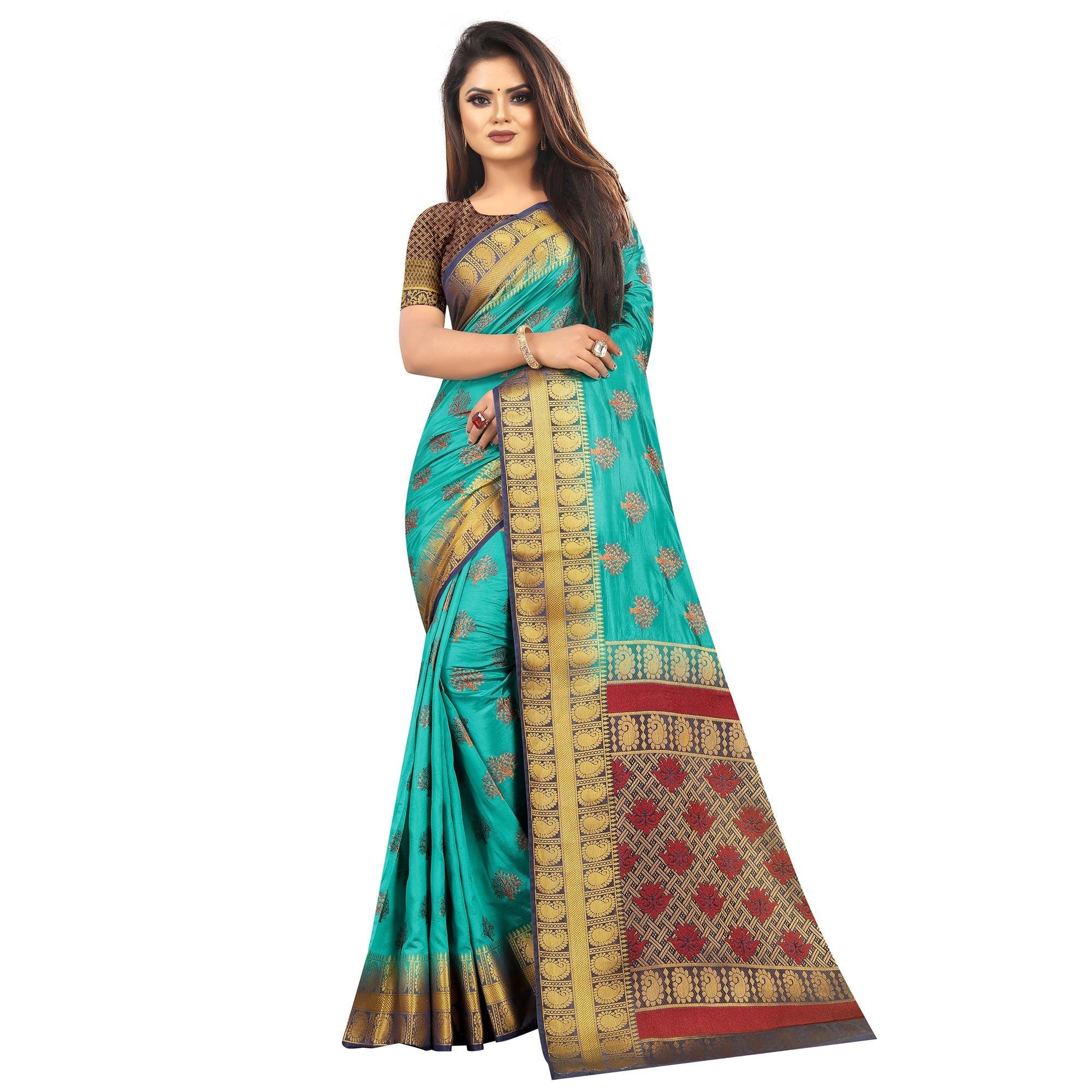 Groovy Rama Colored Festive Wear Woven Art Silk Saree - Peachmode