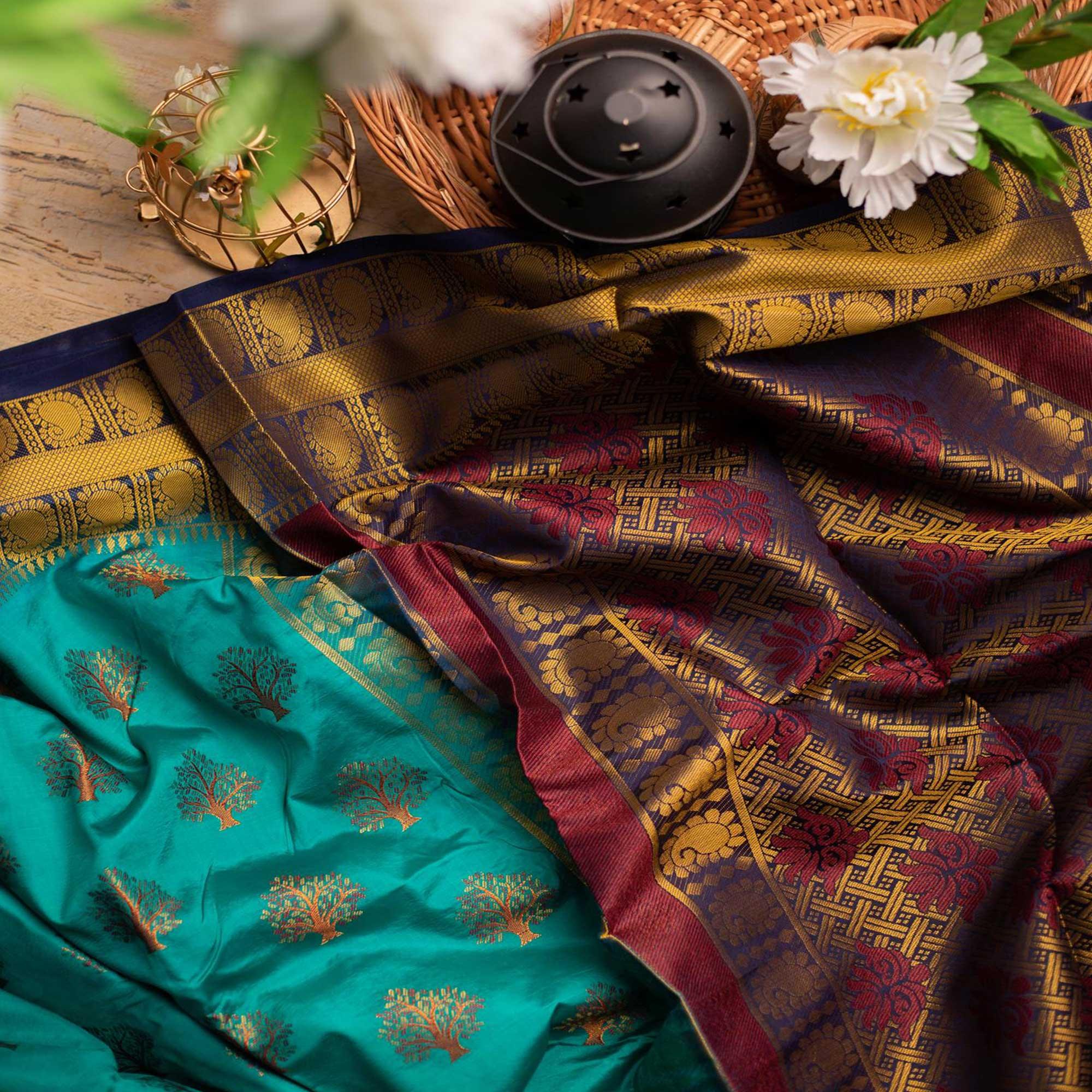 Groovy Rama Colored Festive Wear Woven Art Silk Saree - Peachmode