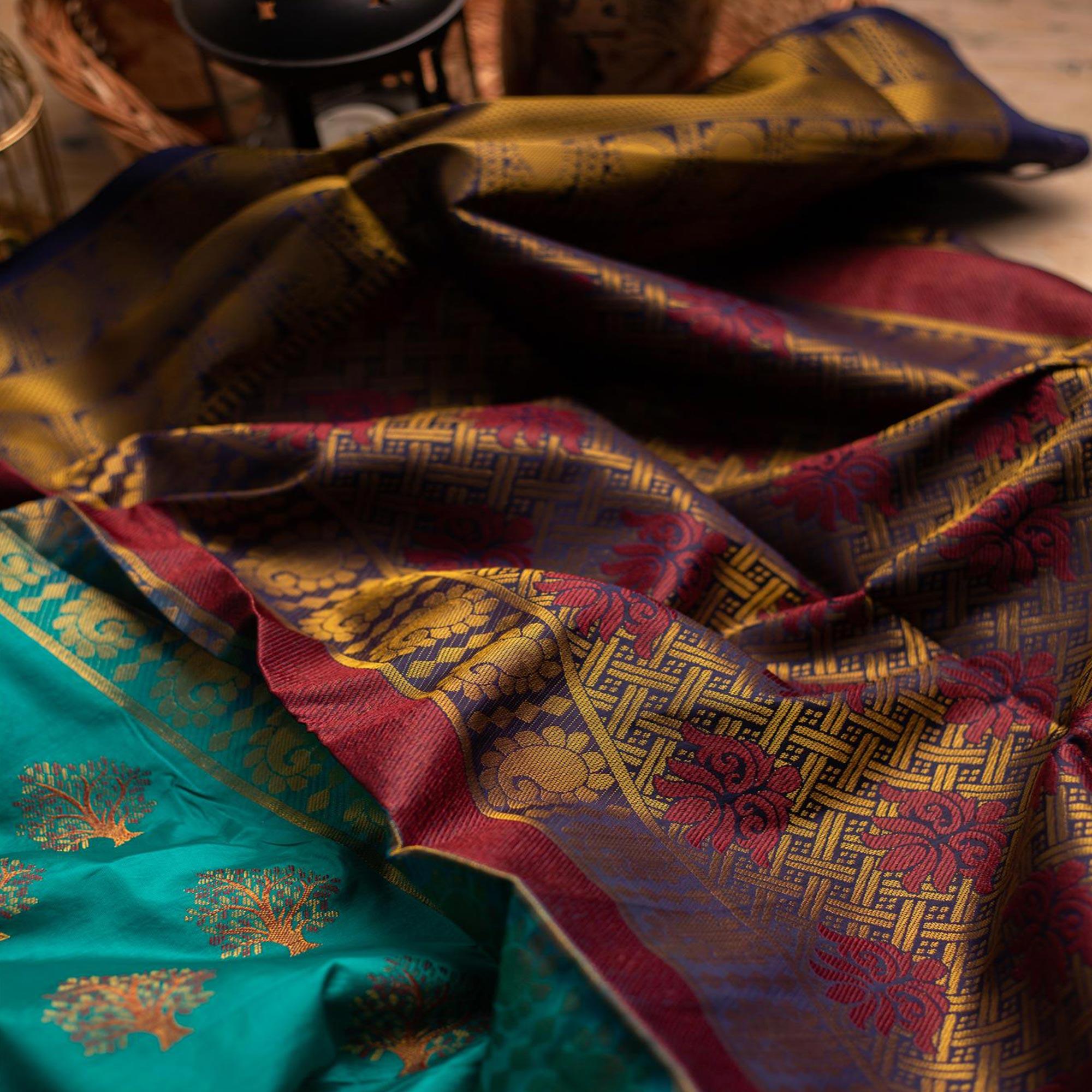 Groovy Rama Colored Festive Wear Woven Art Silk Saree - Peachmode