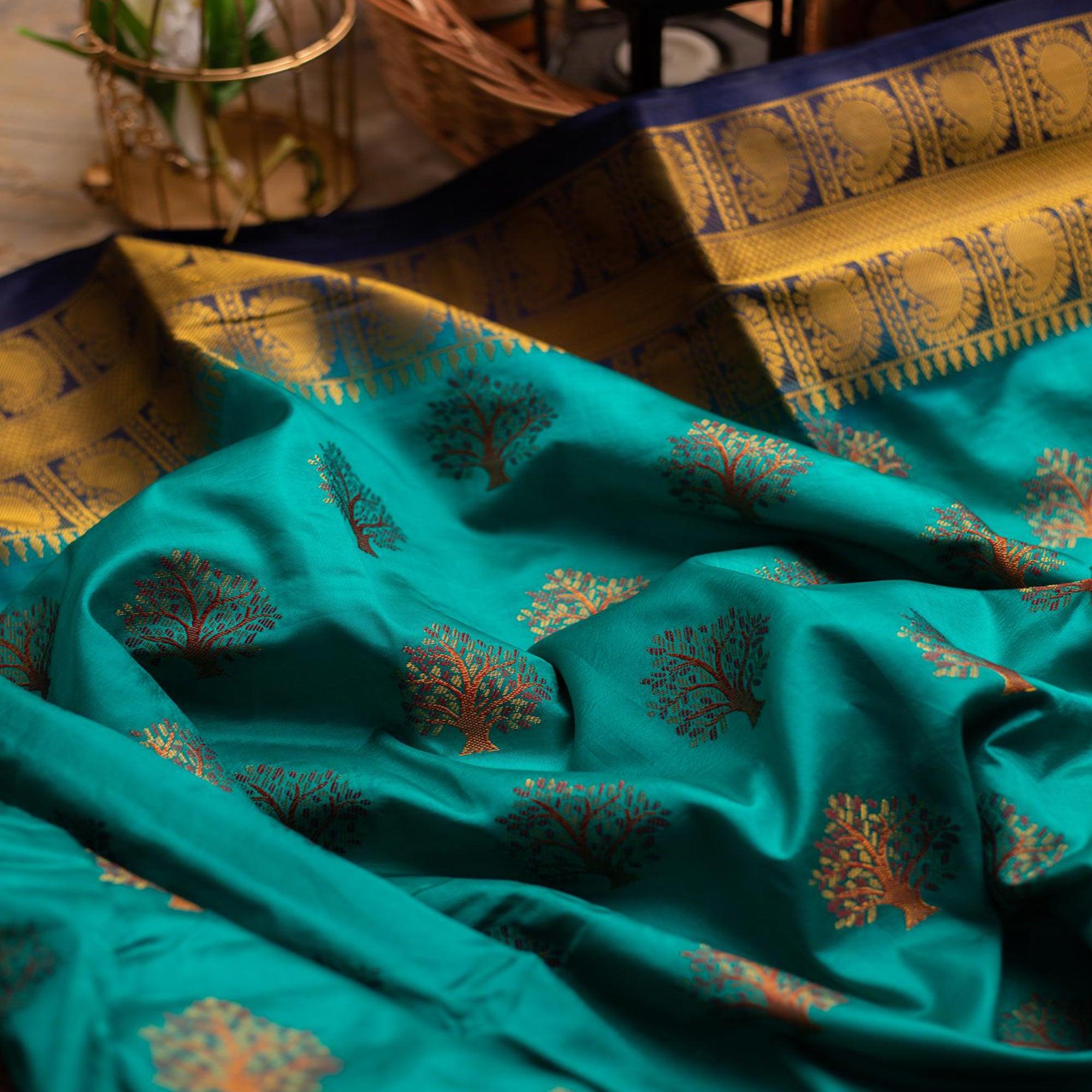 Groovy Rama Colored Festive Wear Woven Art Silk Saree - Peachmode