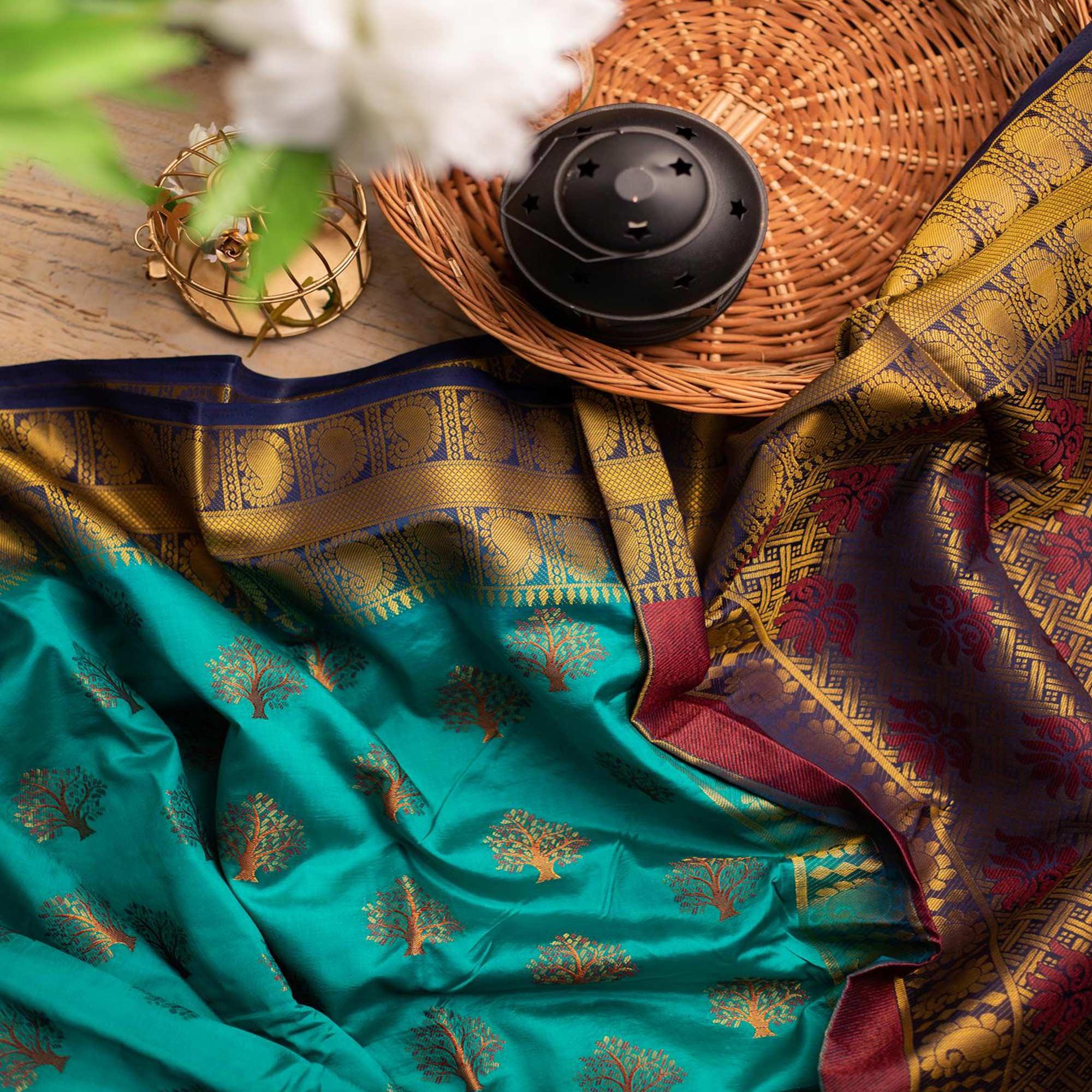 Groovy Rama Colored Festive Wear Woven Art Silk Saree - Peachmode