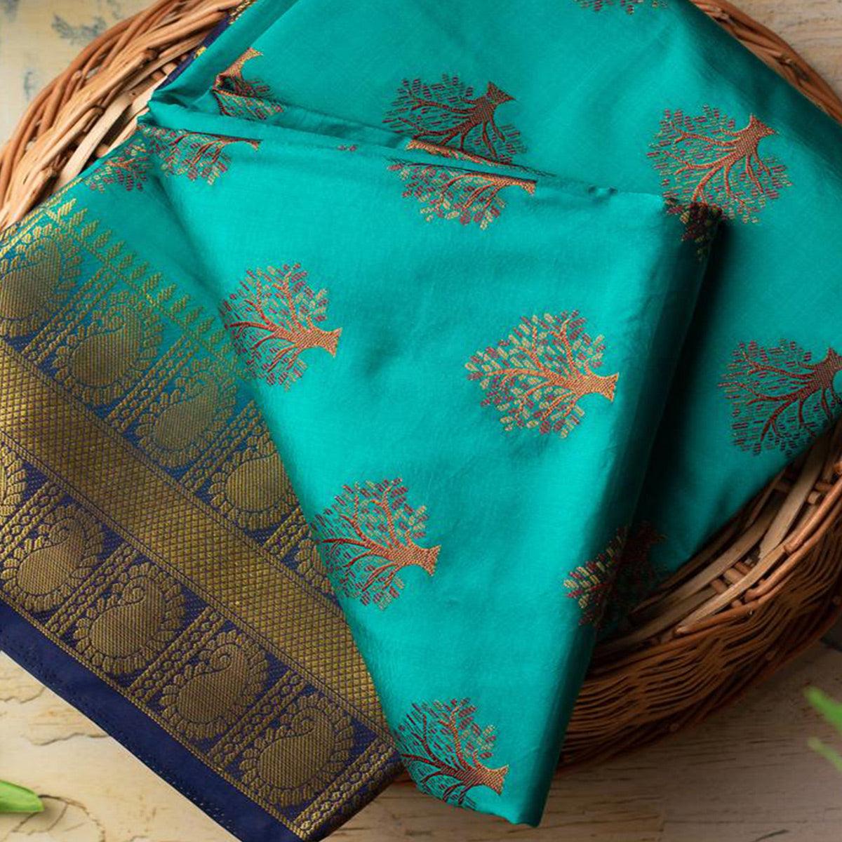 Groovy Rama Colored Festive Wear Woven Art Silk Saree - Peachmode