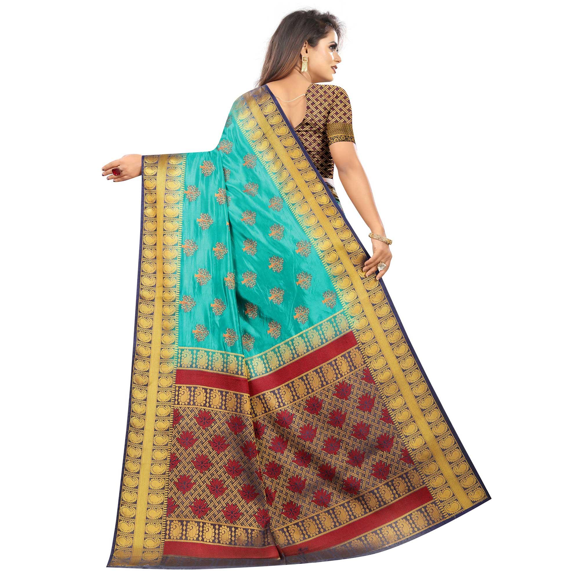 Groovy Rama Colored Festive Wear Woven Art Silk Saree - Peachmode