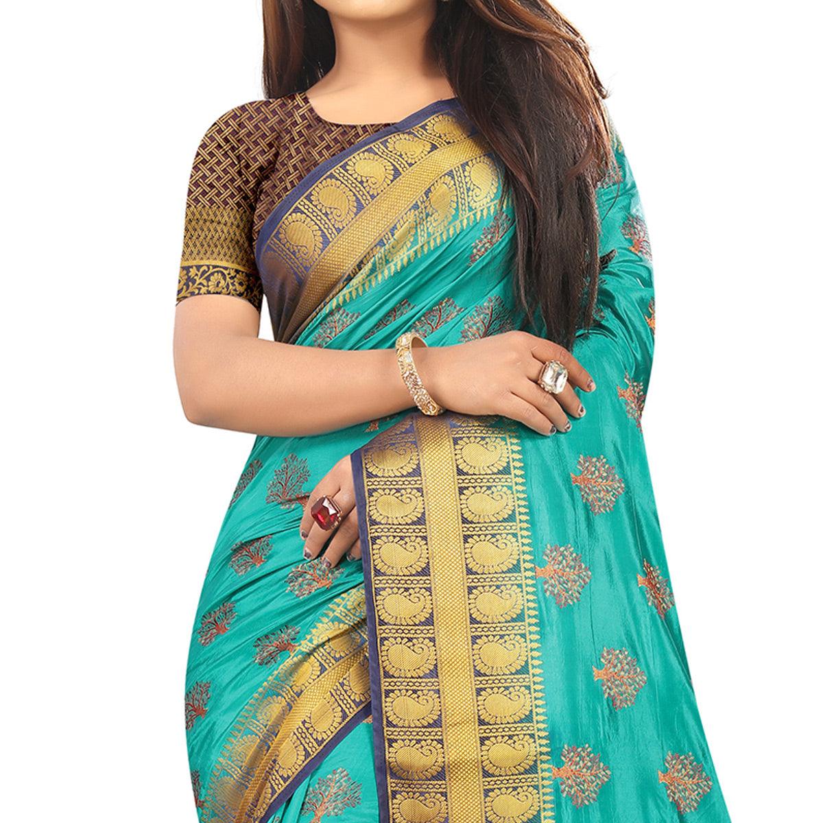 Groovy Rama Colored Festive Wear Woven Art Silk Saree - Peachmode