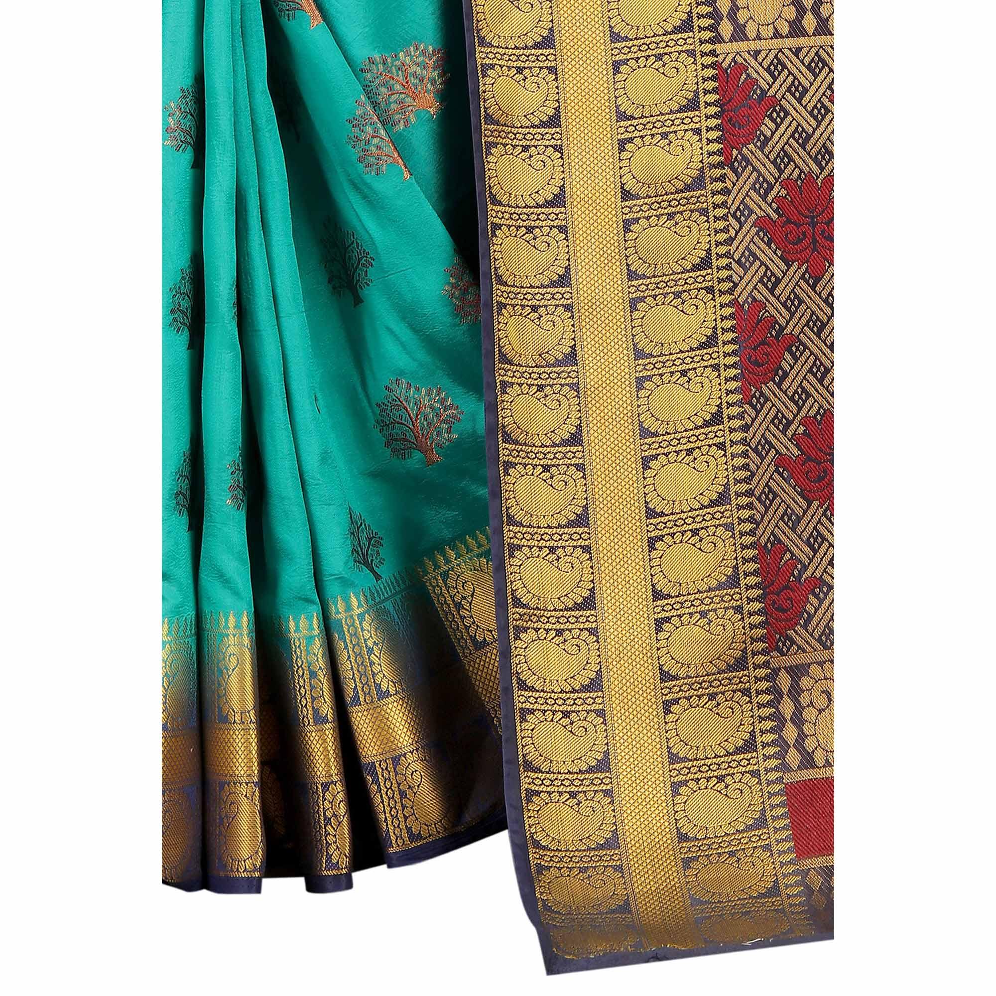 Groovy Rama Colored Festive Wear Woven Art Silk Saree - Peachmode