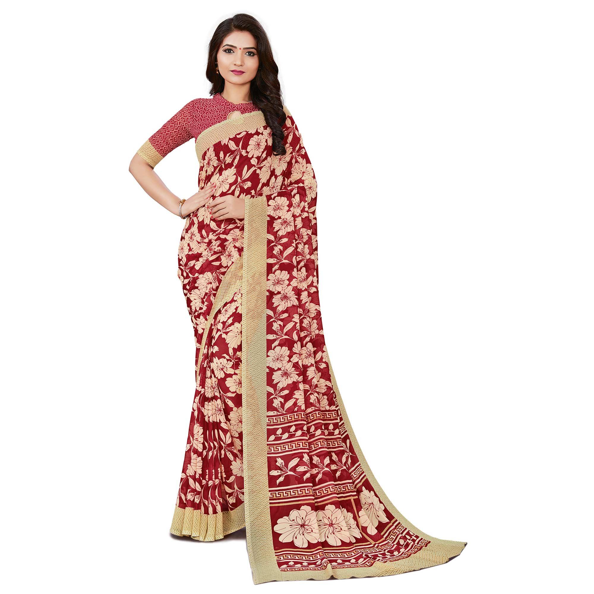Groovy Red Colored Casual Wear Printed Georgette Saree - Peachmode
