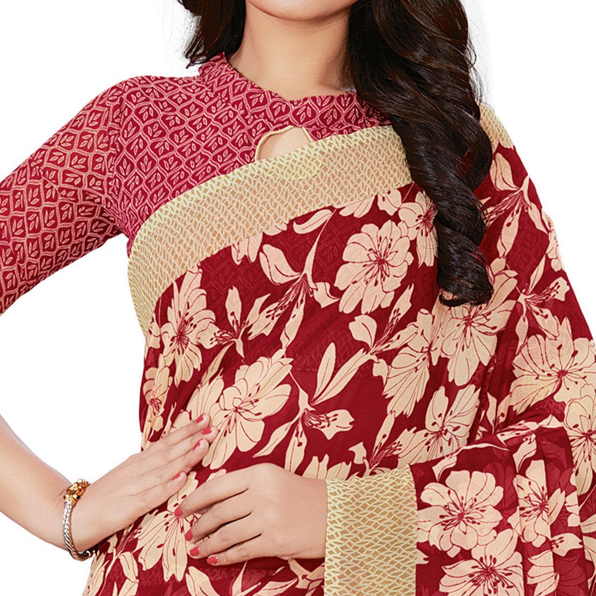 Groovy Red Colored Casual Wear Printed Georgette Saree - Peachmode