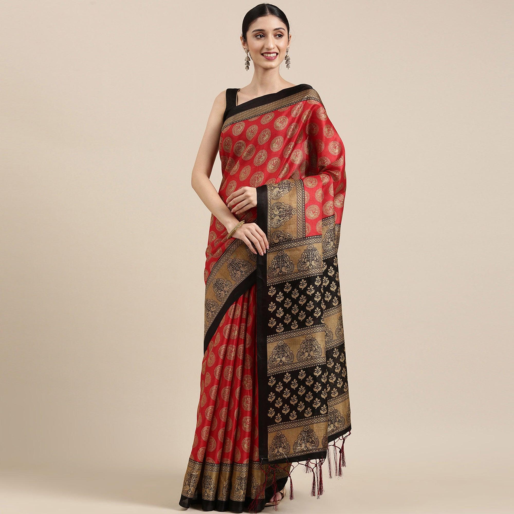 Groovy Red Colored Festive Wear Printed Art Silk Saree With Tassels - Peachmode