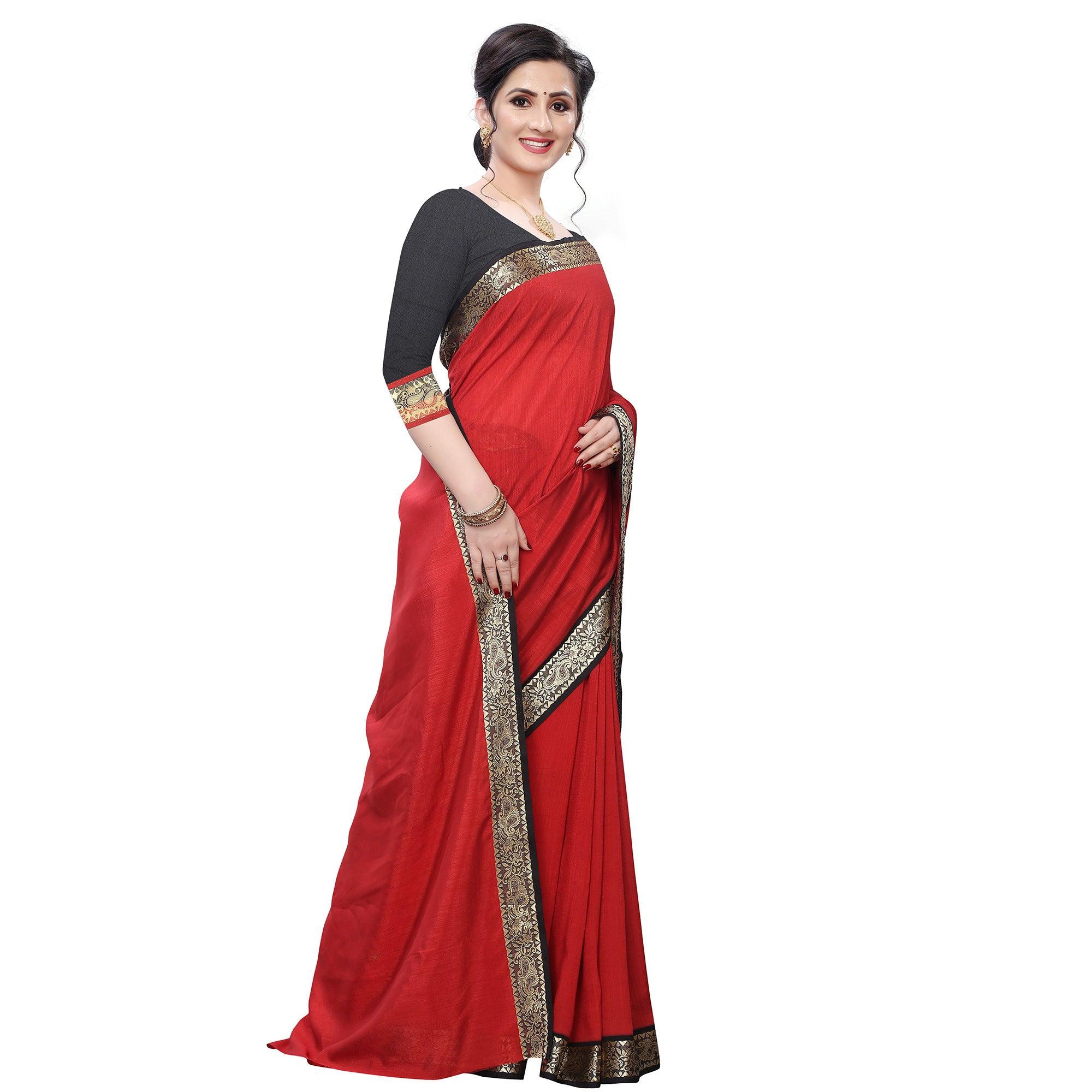 Groovy Red Colored Festive Wear Woven Vichitra Silk Saree - Peachmode