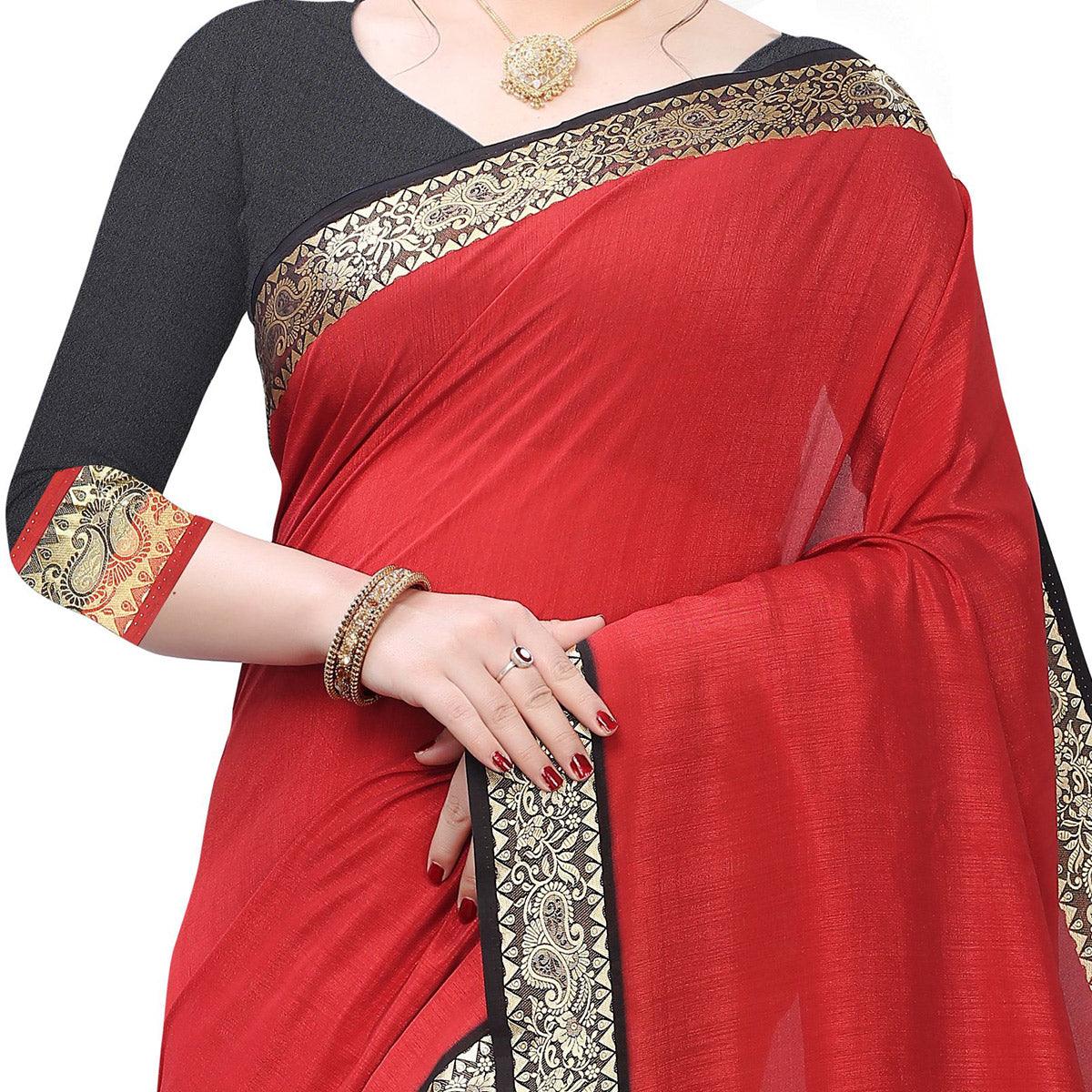 Groovy Red Colored Festive Wear Woven Vichitra Silk Saree - Peachmode