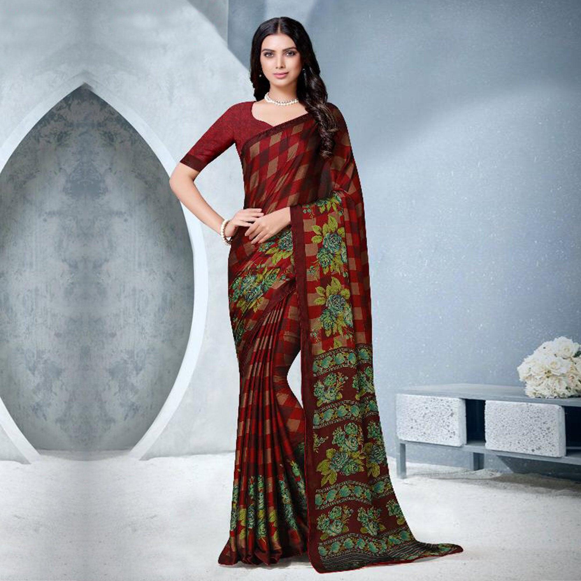 Groovy Red Colored Partywear Checkered Printed Chiffon Saree - Peachmode