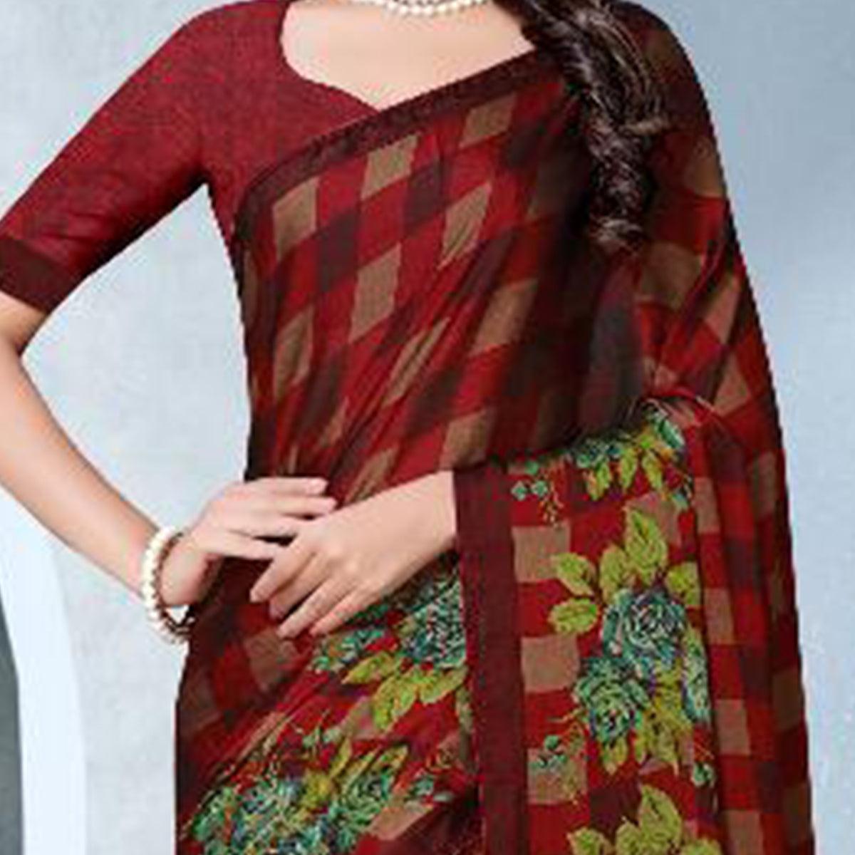 Groovy Red Colored Partywear Checkered Printed Chiffon Saree - Peachmode
