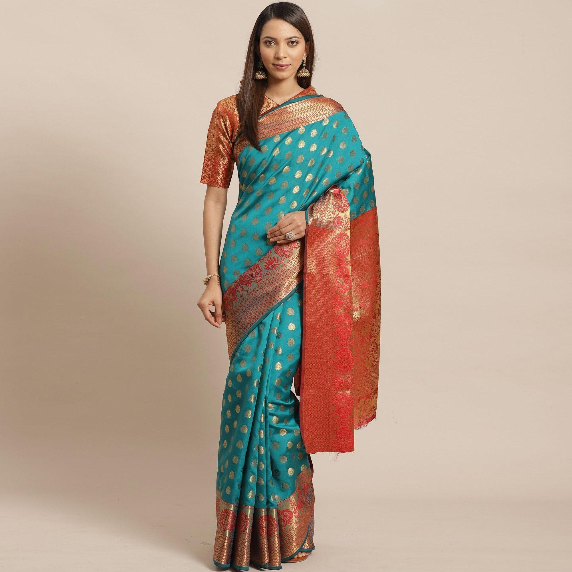 Groovy Teal Green - Red Colored Festive Wear Woven Silk Blend Saree - Peachmode