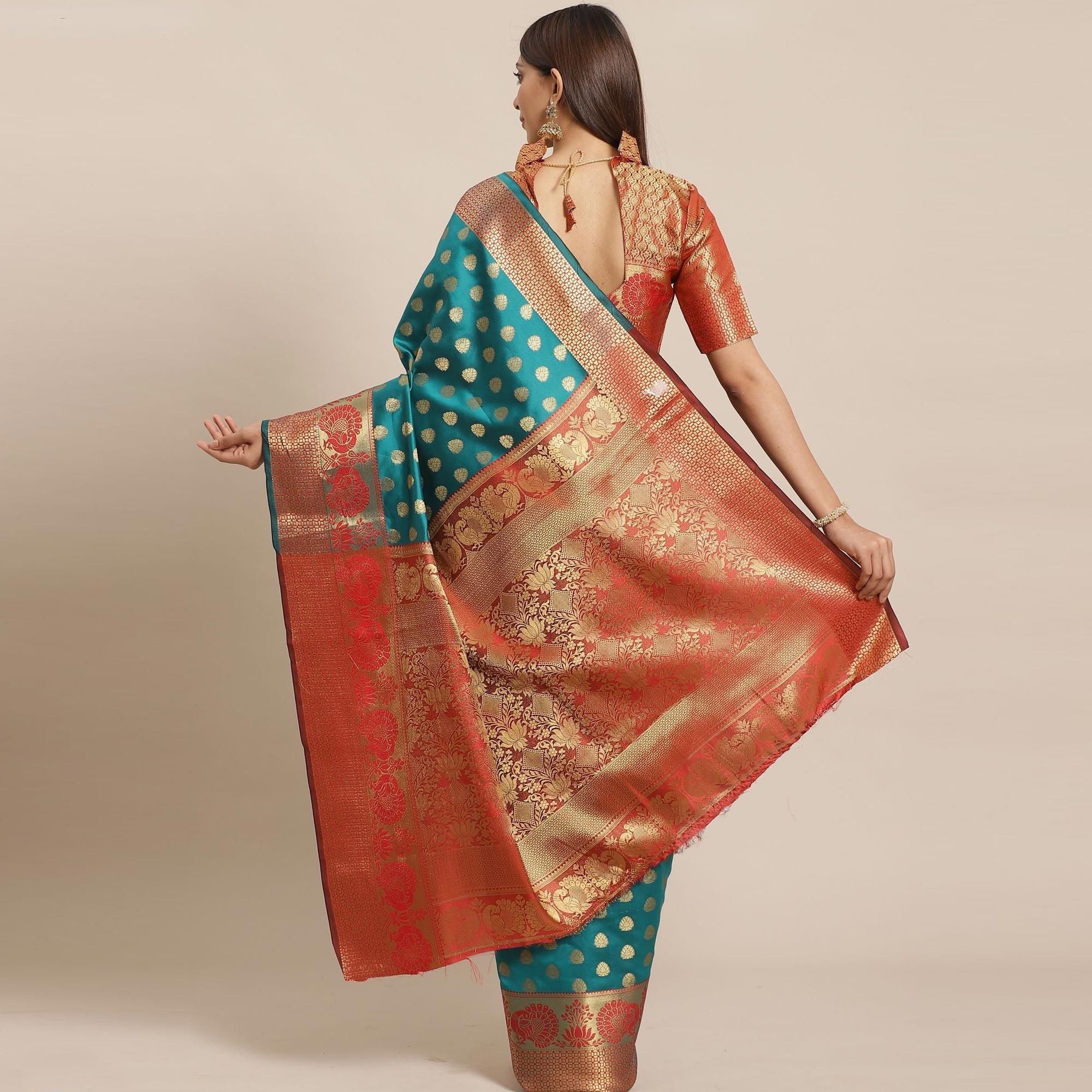 Groovy Teal Green - Red Colored Festive Wear Woven Silk Blend Saree - Peachmode