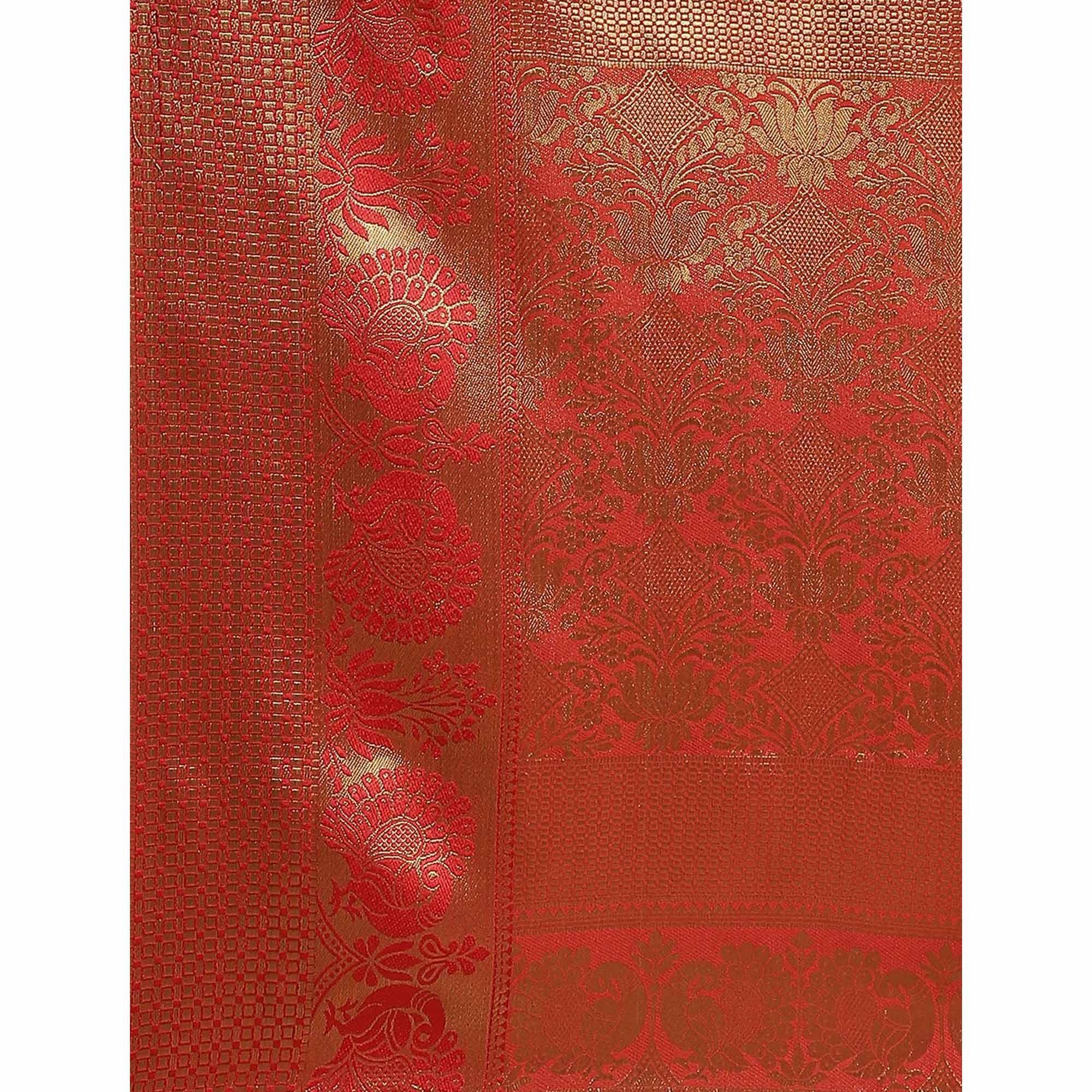 Groovy Teal Green - Red Colored Festive Wear Woven Silk Blend Saree - Peachmode