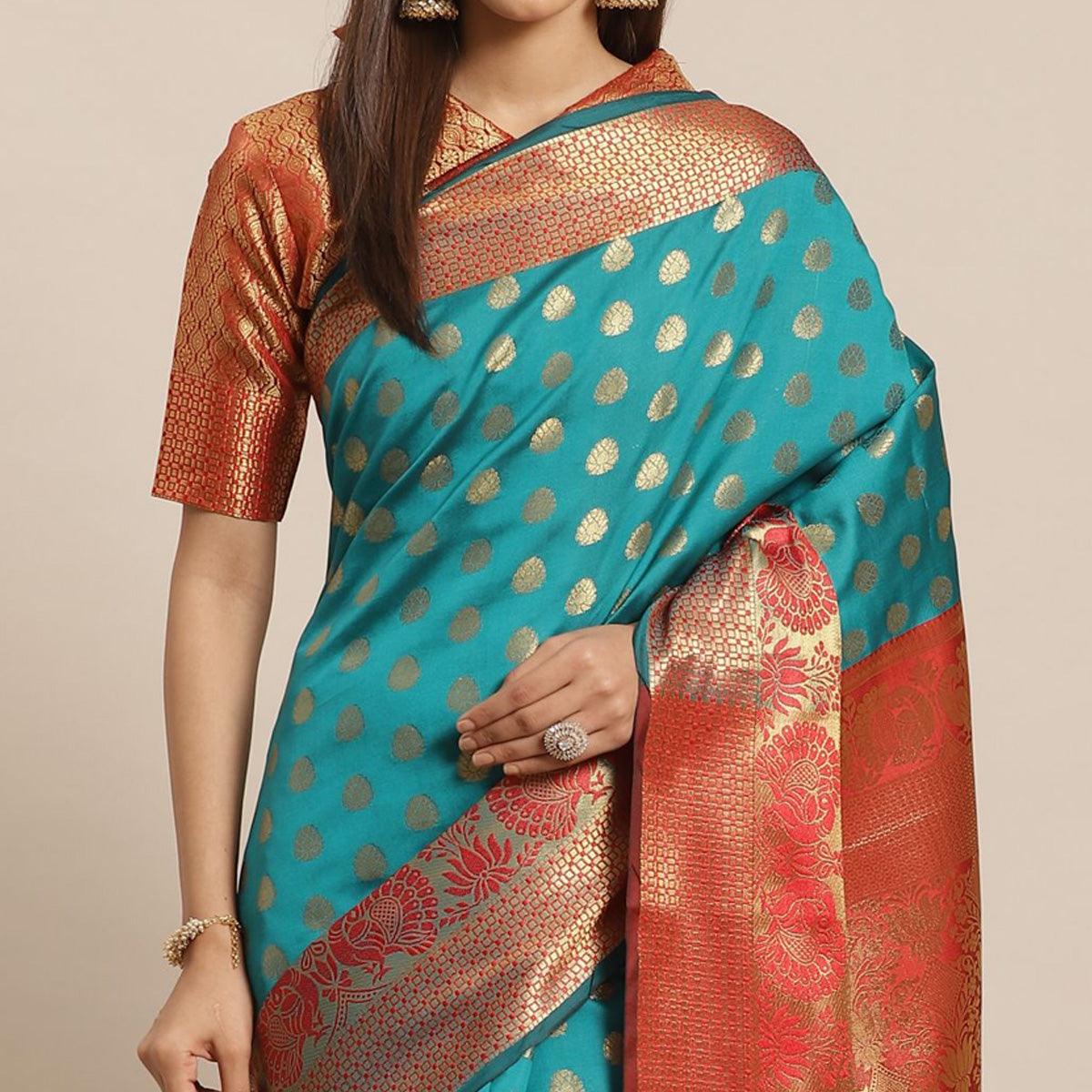 Groovy Teal Green - Red Colored Festive Wear Woven Silk Blend Saree - Peachmode