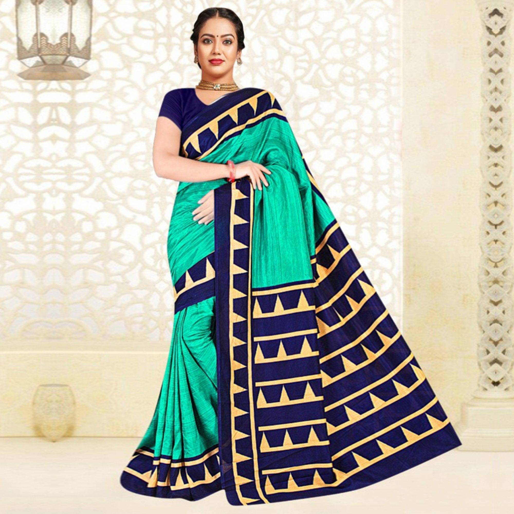 Groovy Turquoise Green Colored Casual Printed Tussar Silk Saree - Peachmode
