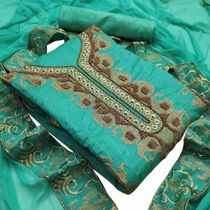 Groovy Turquoise Green Colored Casual Wear Embroidered Heavy Modal Silk Dress Material - Peachmode
