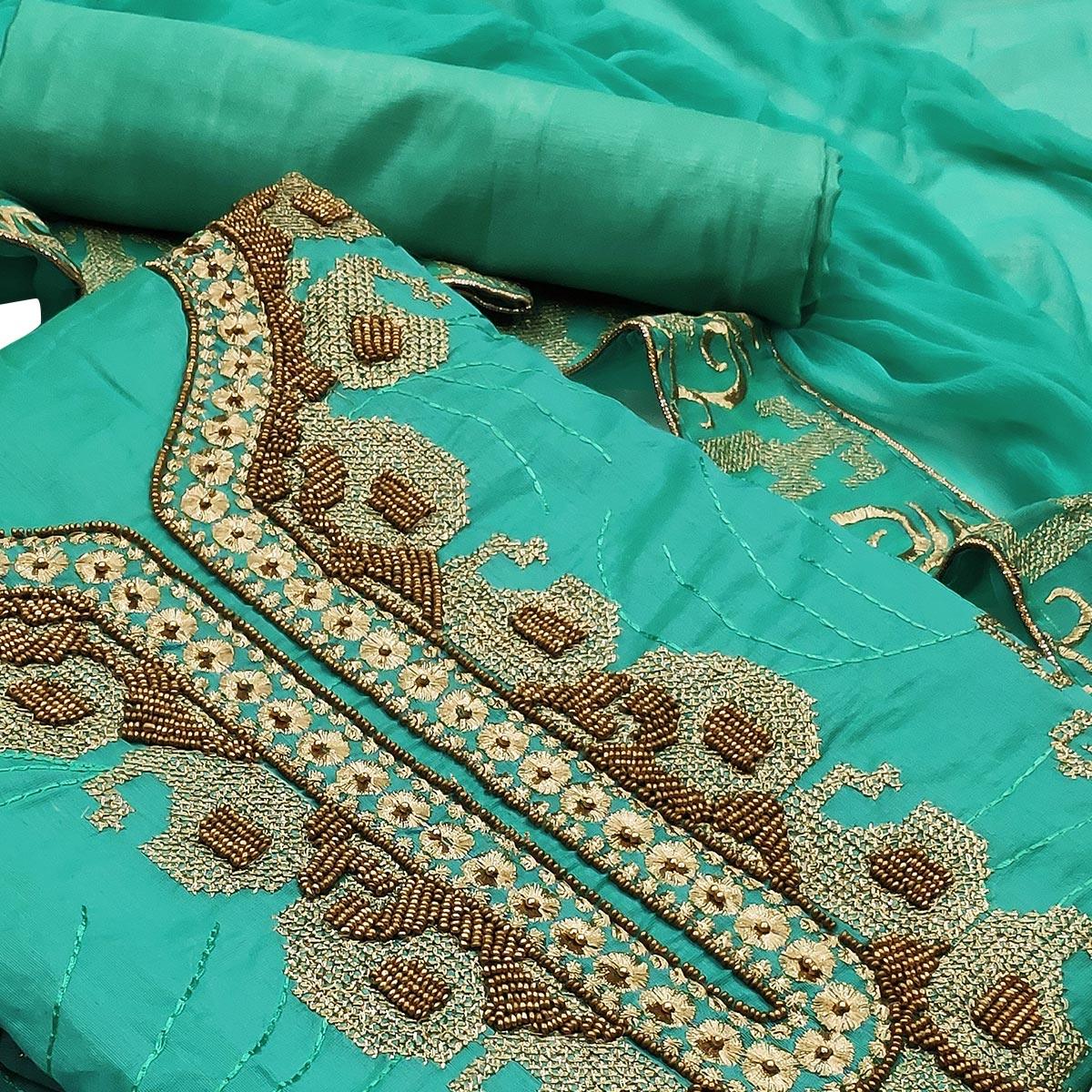 Groovy Turquoise Green Colored Casual Wear Embroidered Heavy Modal Silk Dress Material - Peachmode