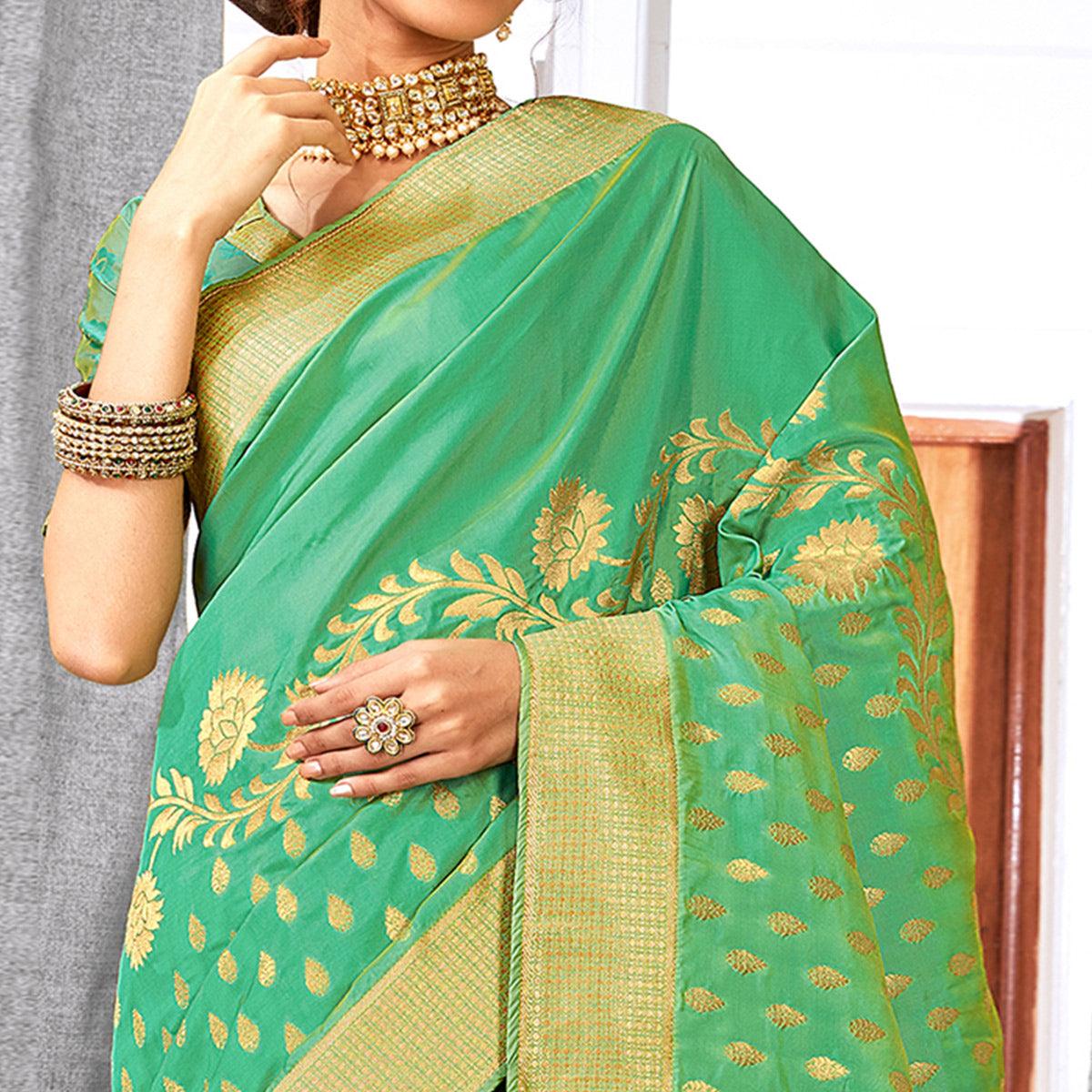 Groovy Turquoise Green Colored Festive Wear Woven Silk Saree - Peachmode