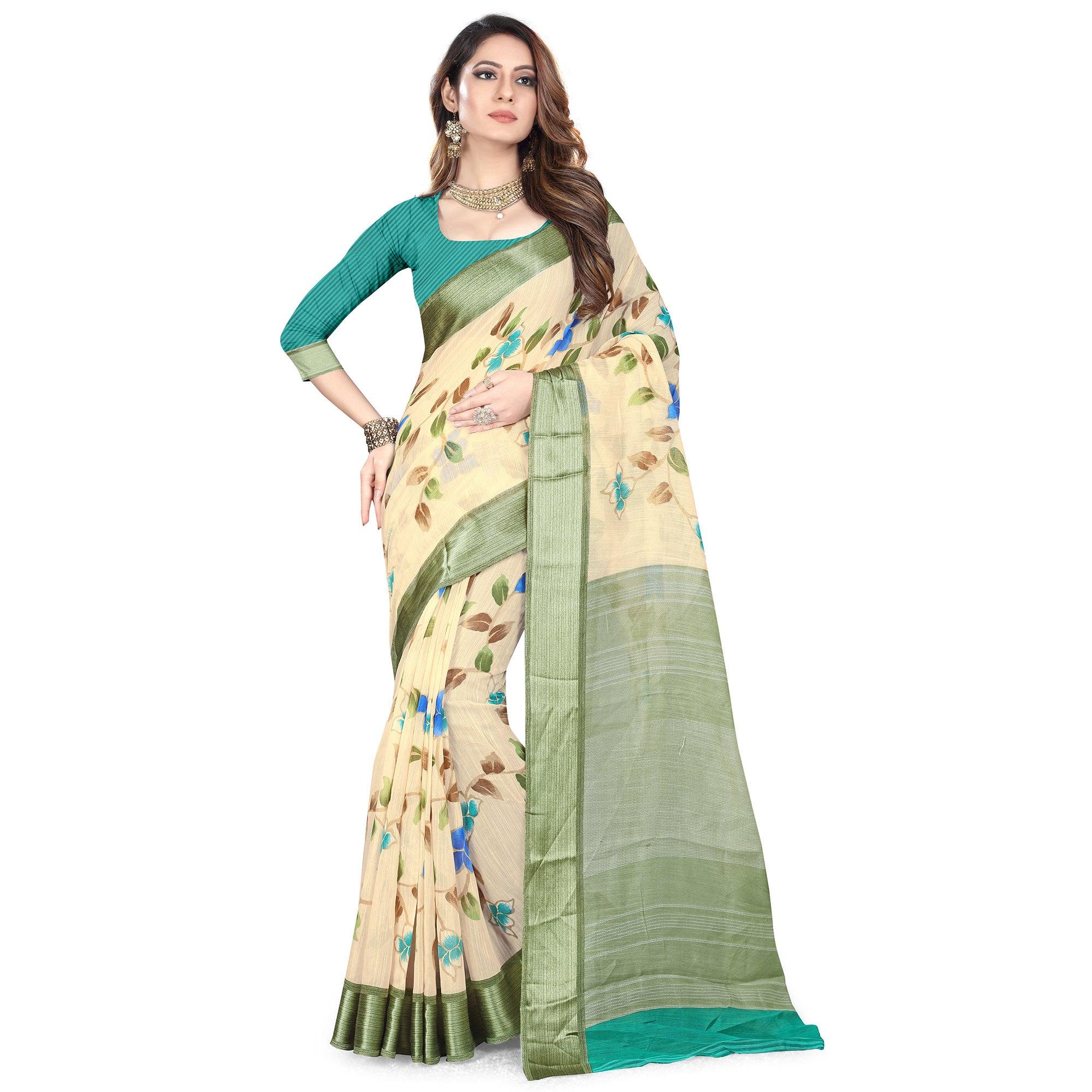 Groovy White-Green Colored Casual Wear Floral Printed Linen Saree - Peachmode