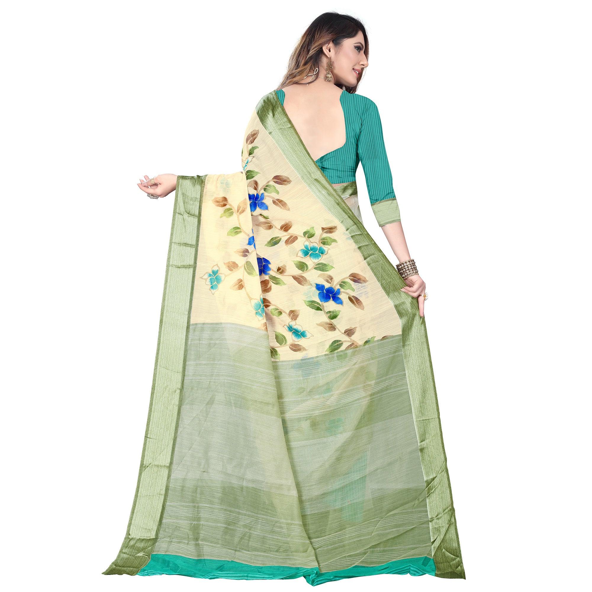 Groovy White-Green Colored Casual Wear Floral Printed Linen Saree - Peachmode