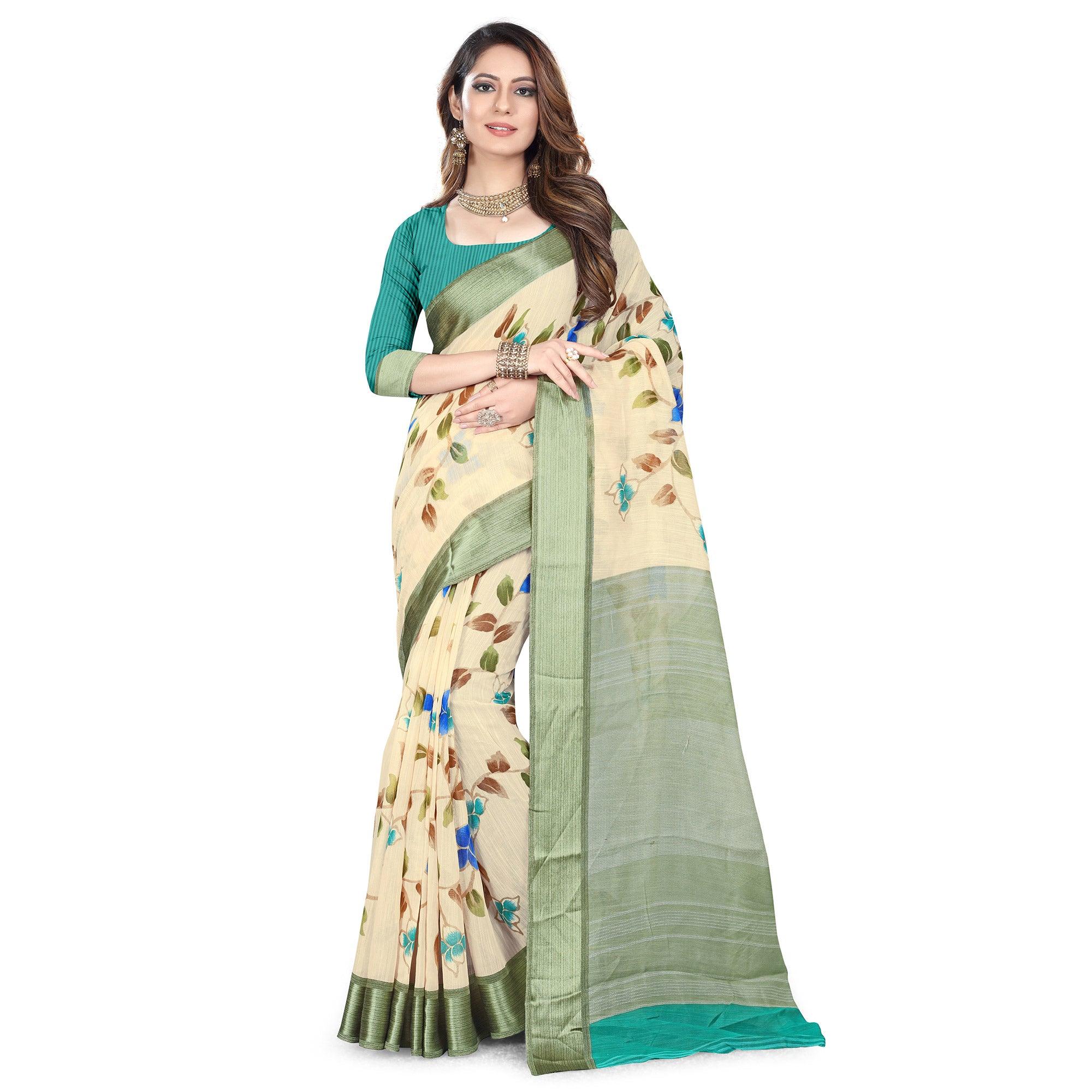 Groovy White-Green Colored Casual Wear Floral Printed Linen Saree - Peachmode