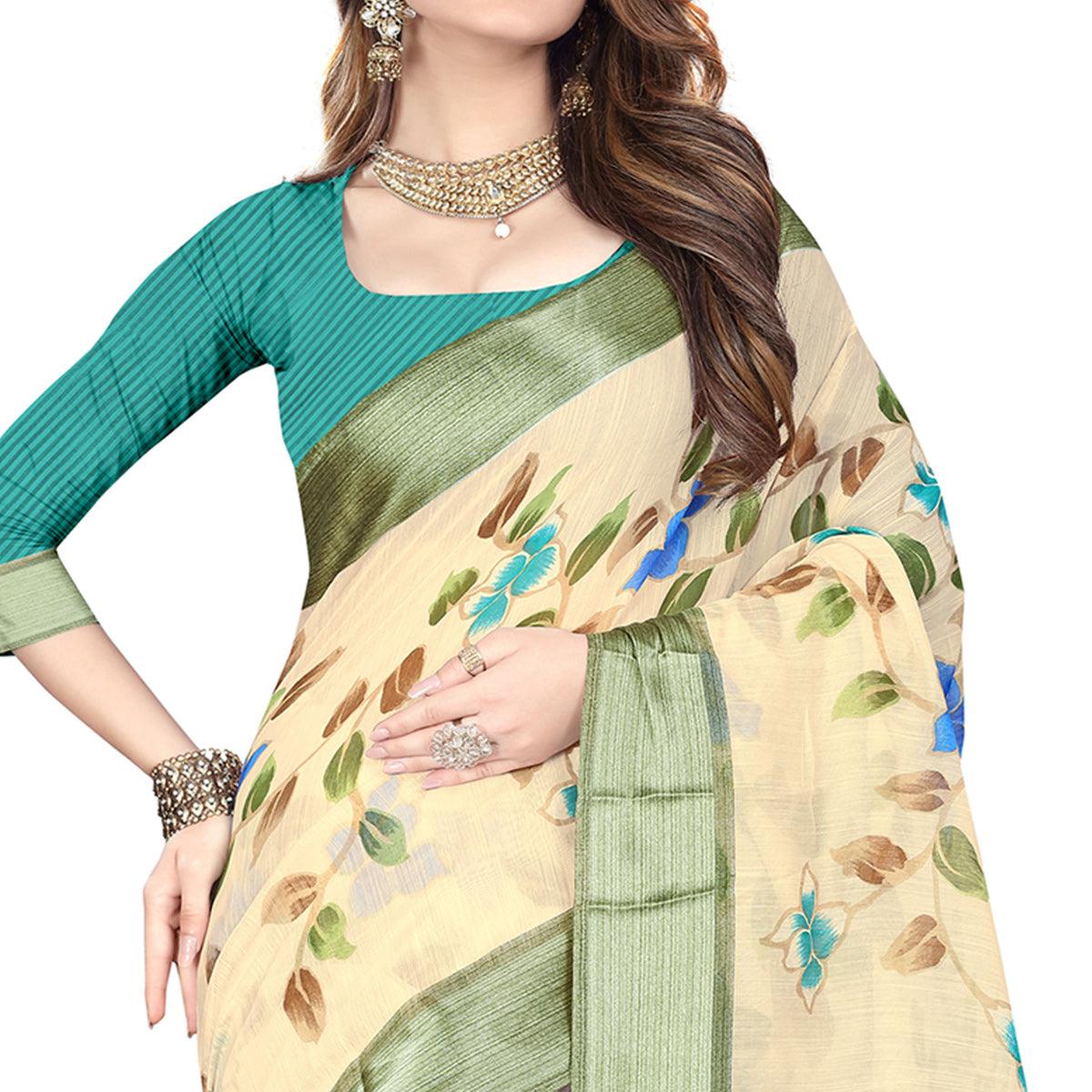 Groovy White-Green Colored Casual Wear Floral Printed Linen Saree - Peachmode