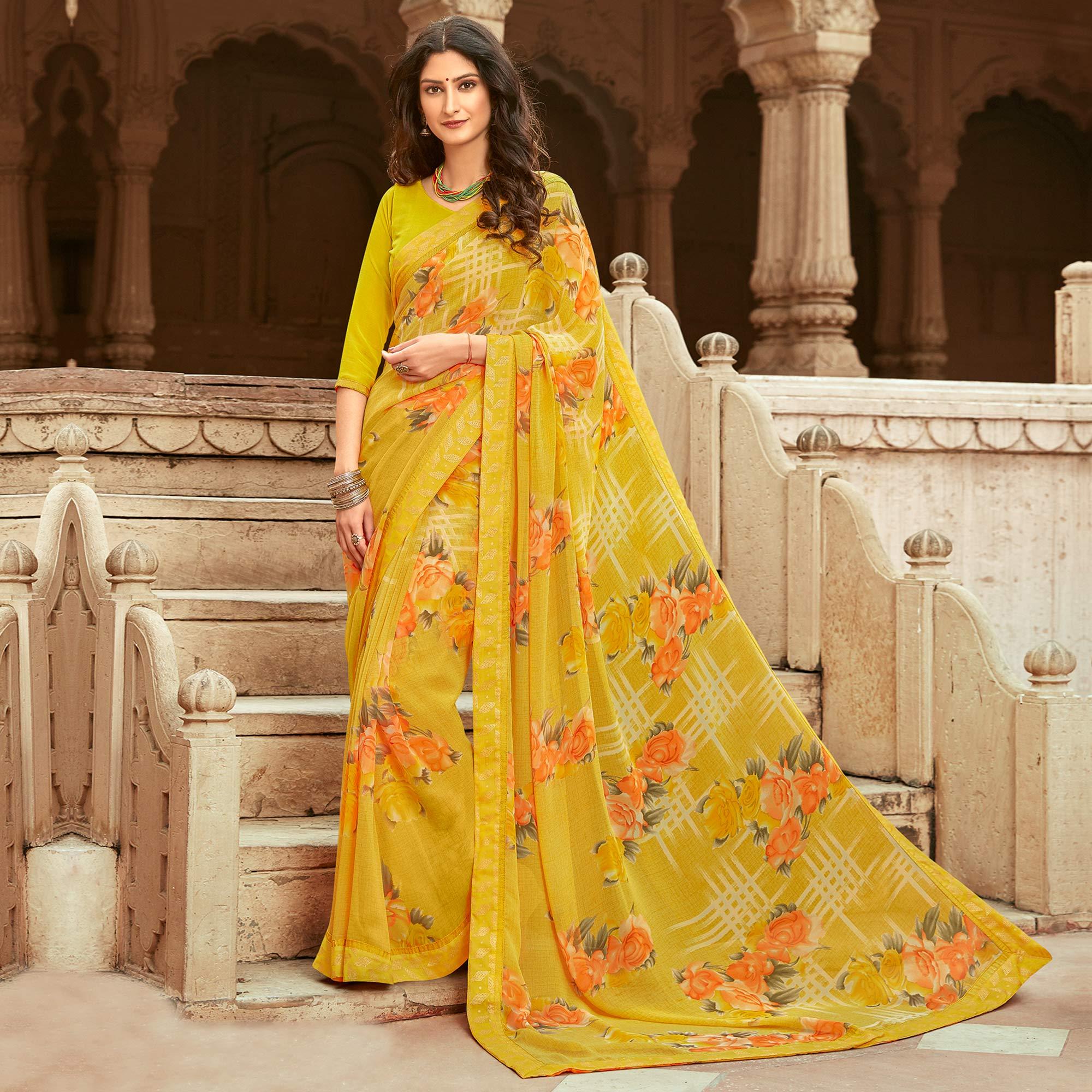 Groovy Yellow Colored Casual Floral Printed Georgette Saree - Peachmode