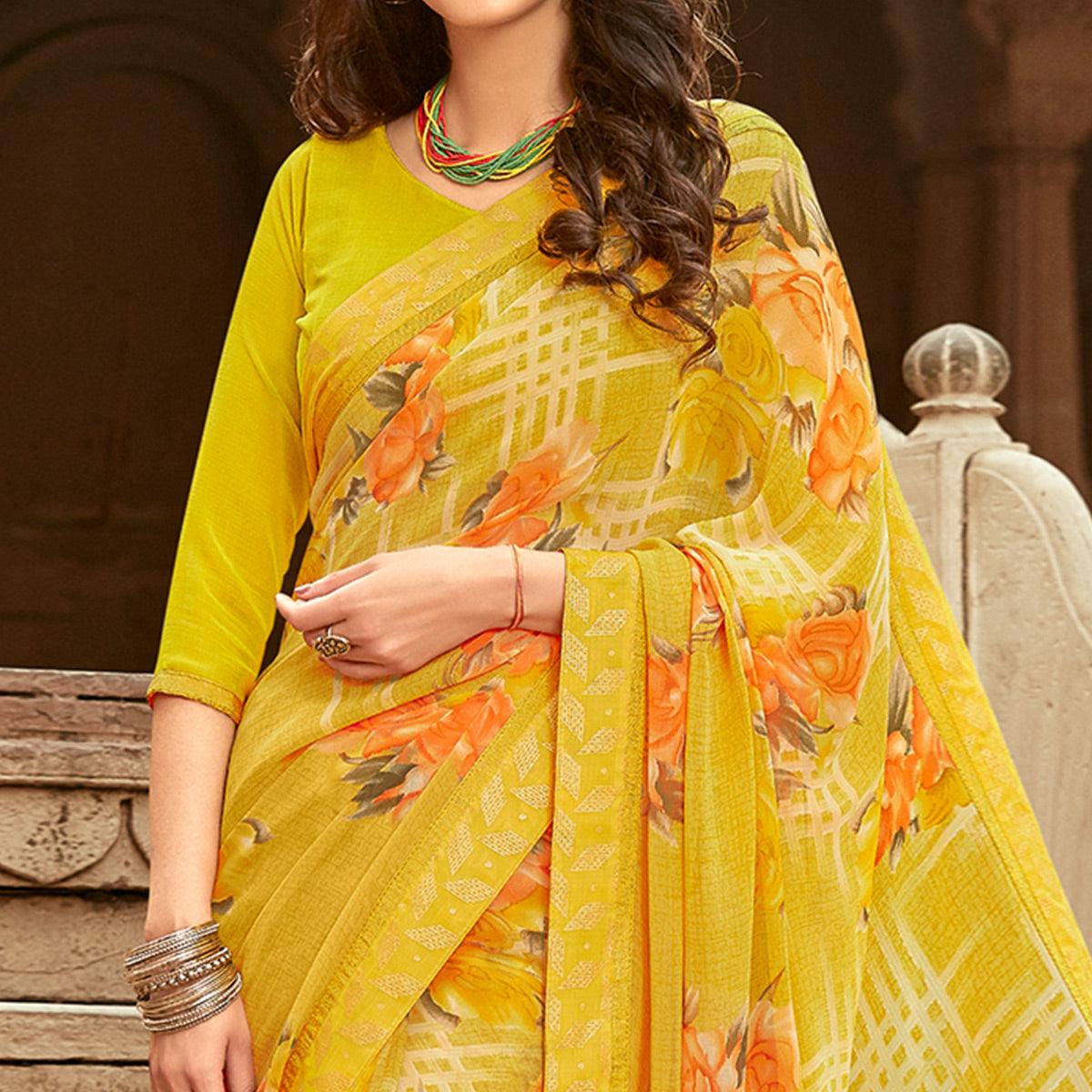 Groovy Yellow Colored Casual Floral Printed Georgette Saree - Peachmode