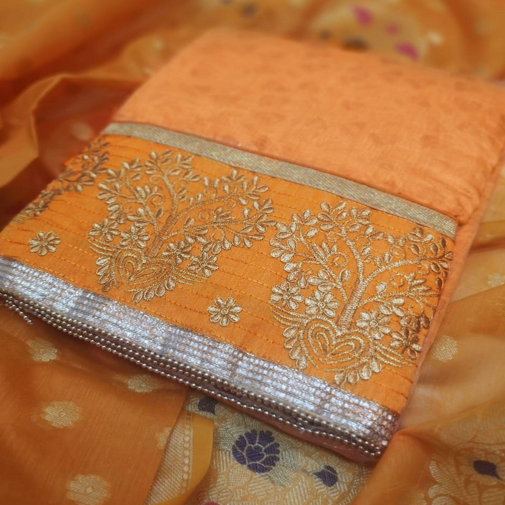 Groovy Yellow Colored Casual Wear Embroidered Cotton Dress Material - Peachmode