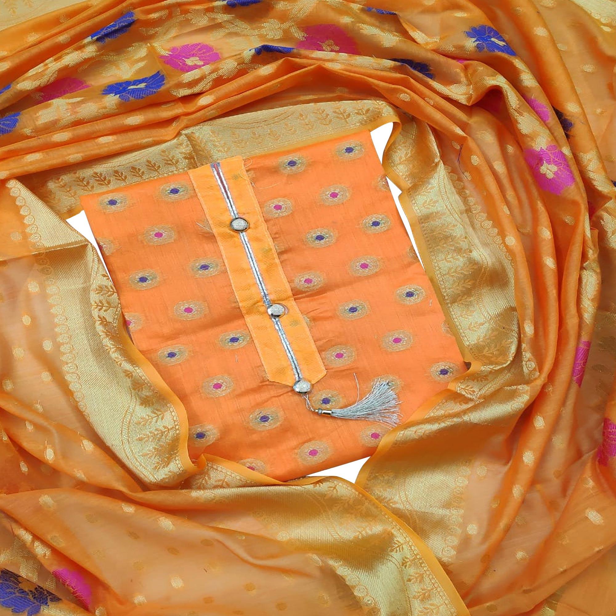 Groovy Yellow Colored Festive Wear Woven Banarasi Silk Dress Material - Peachmode
