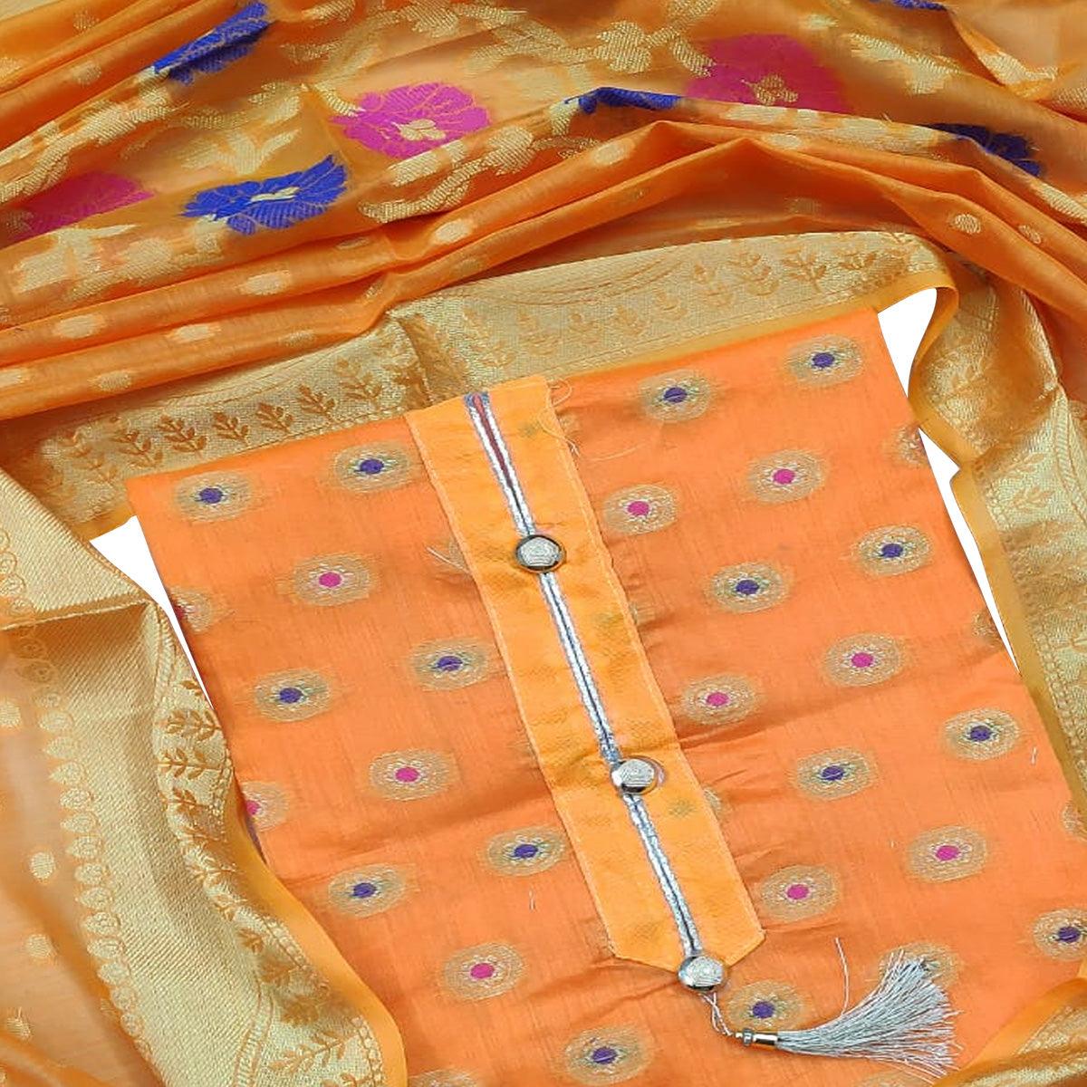 Groovy Yellow Colored Festive Wear Woven Banarasi Silk Dress Material - Peachmode