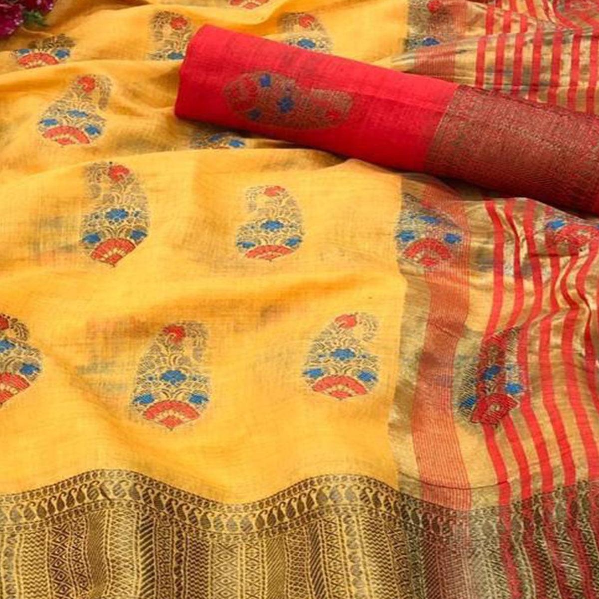Groovy Yellow Colored Festive Wear Woven Tussar Silk Saree - Peachmode