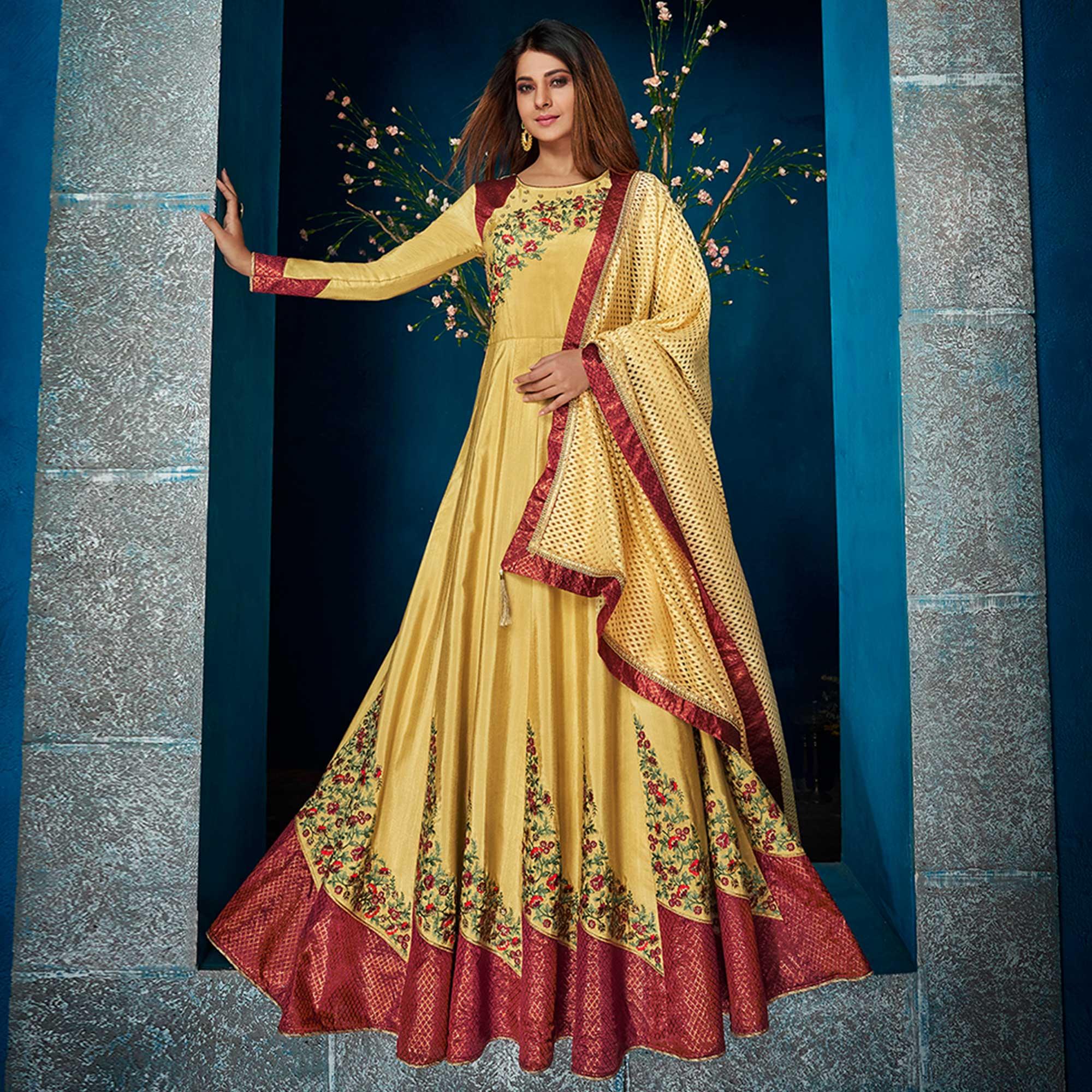 Groovy Yellow Colored Party Wear Floral Embroidered Satin Silk Anarkali Suit - Peachmode