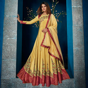 Groovy Yellow Colored Party Wear Floral Embroidered Satin Silk Anarkali Suit - Peachmode