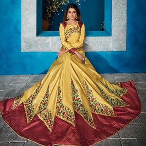 Groovy Yellow Colored Party Wear Floral Embroidered Satin Silk Anarkali Suit - Peachmode