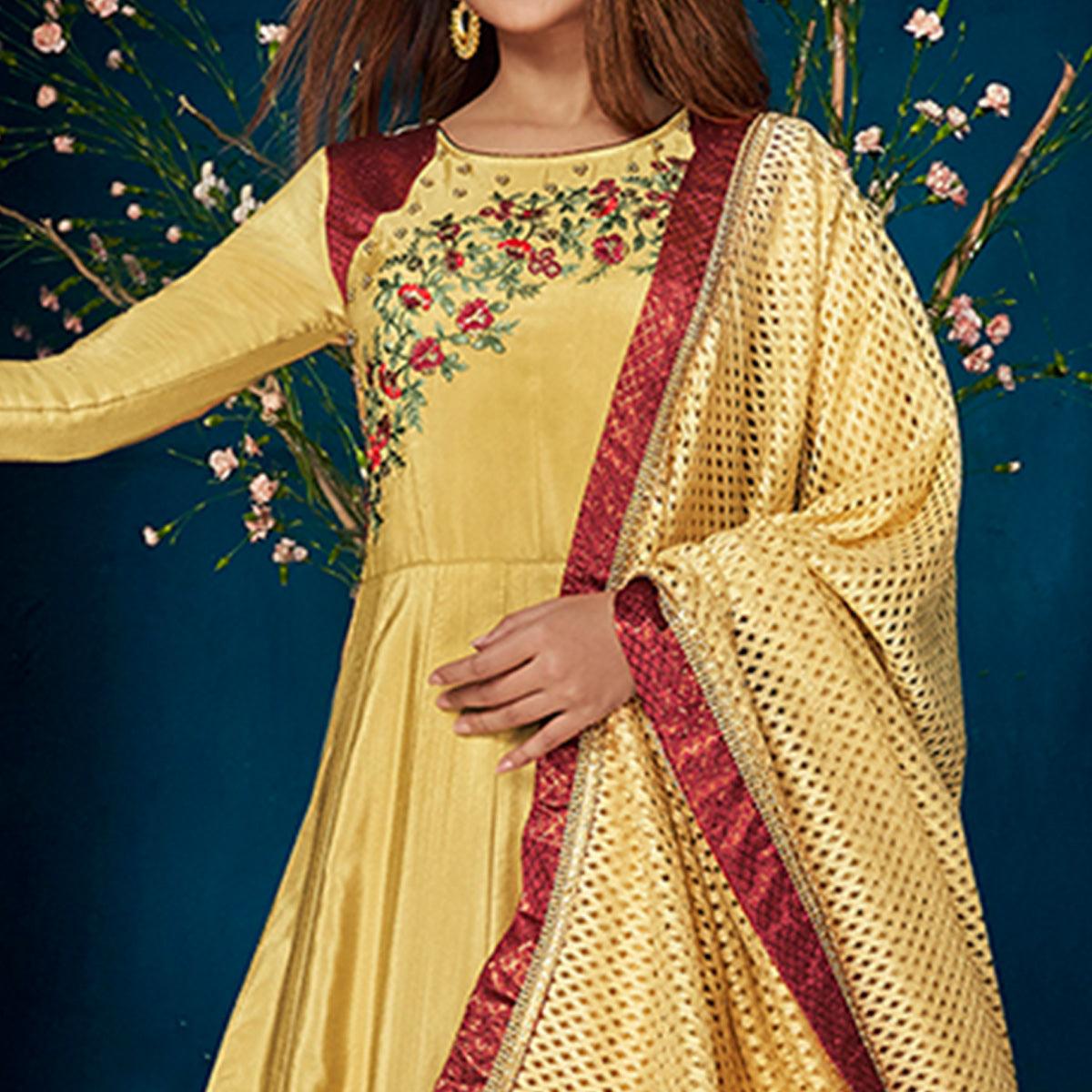 Groovy Yellow Colored Party Wear Floral Embroidered Satin Silk Anarkali Suit - Peachmode