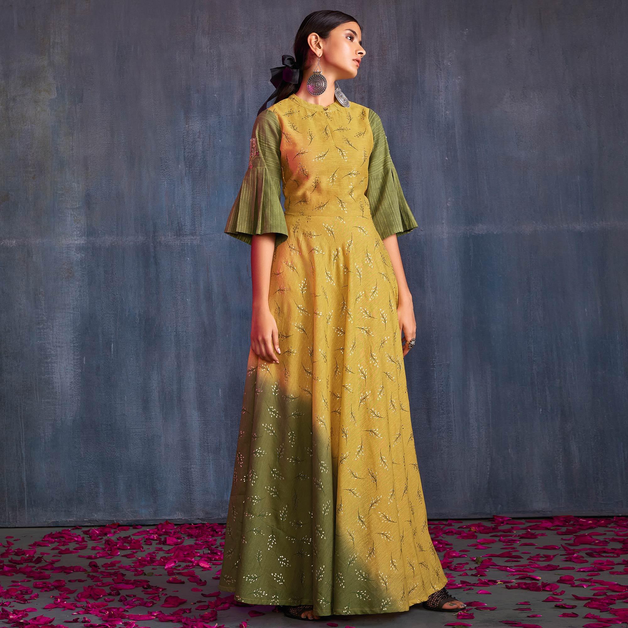 Groovy Yellow-Green Colored Partywear Embroidered Viscose Gown - Peachmode