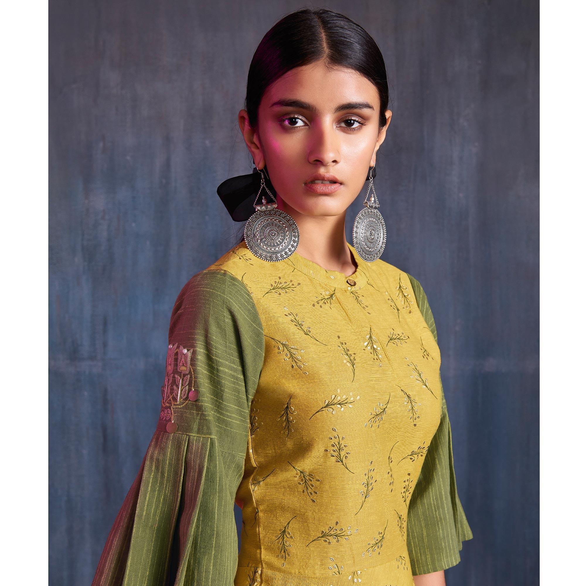 Groovy Yellow-Green Colored Partywear Embroidered Viscose Gown - Peachmode