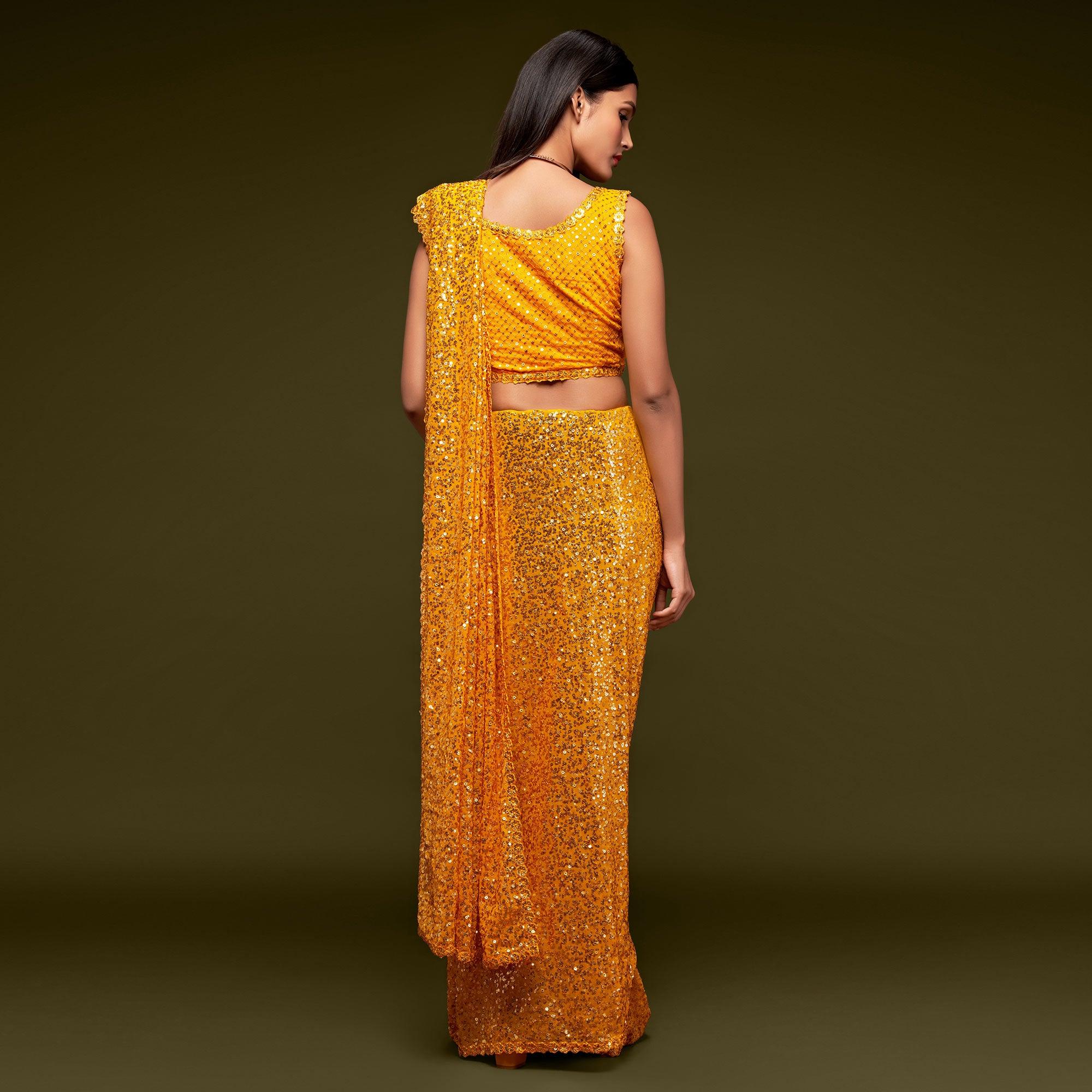 Honey Yellow Partywear Thread & Sequins Embroidered Georgette Saree - Peachmode