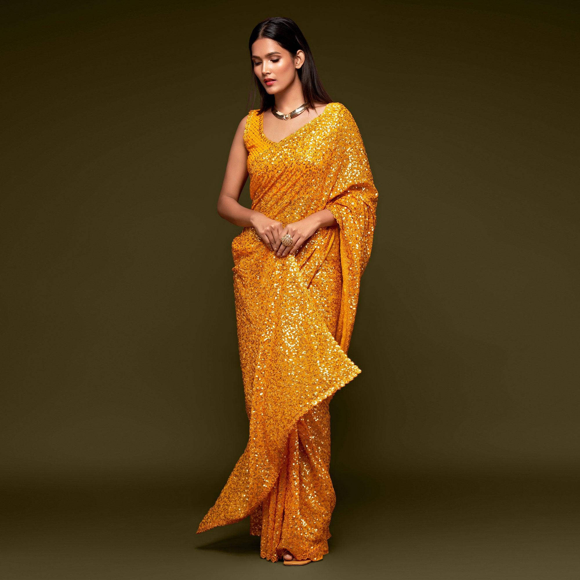 Honey Yellow Partywear Thread & Sequins Embroidered Georgette Saree - Peachmode