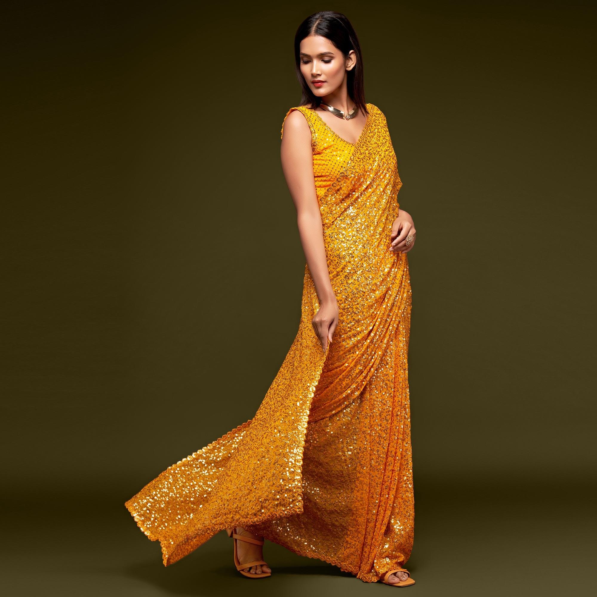 Honey Yellow Partywear Thread & Sequins Embroidered Georgette Saree - Peachmode